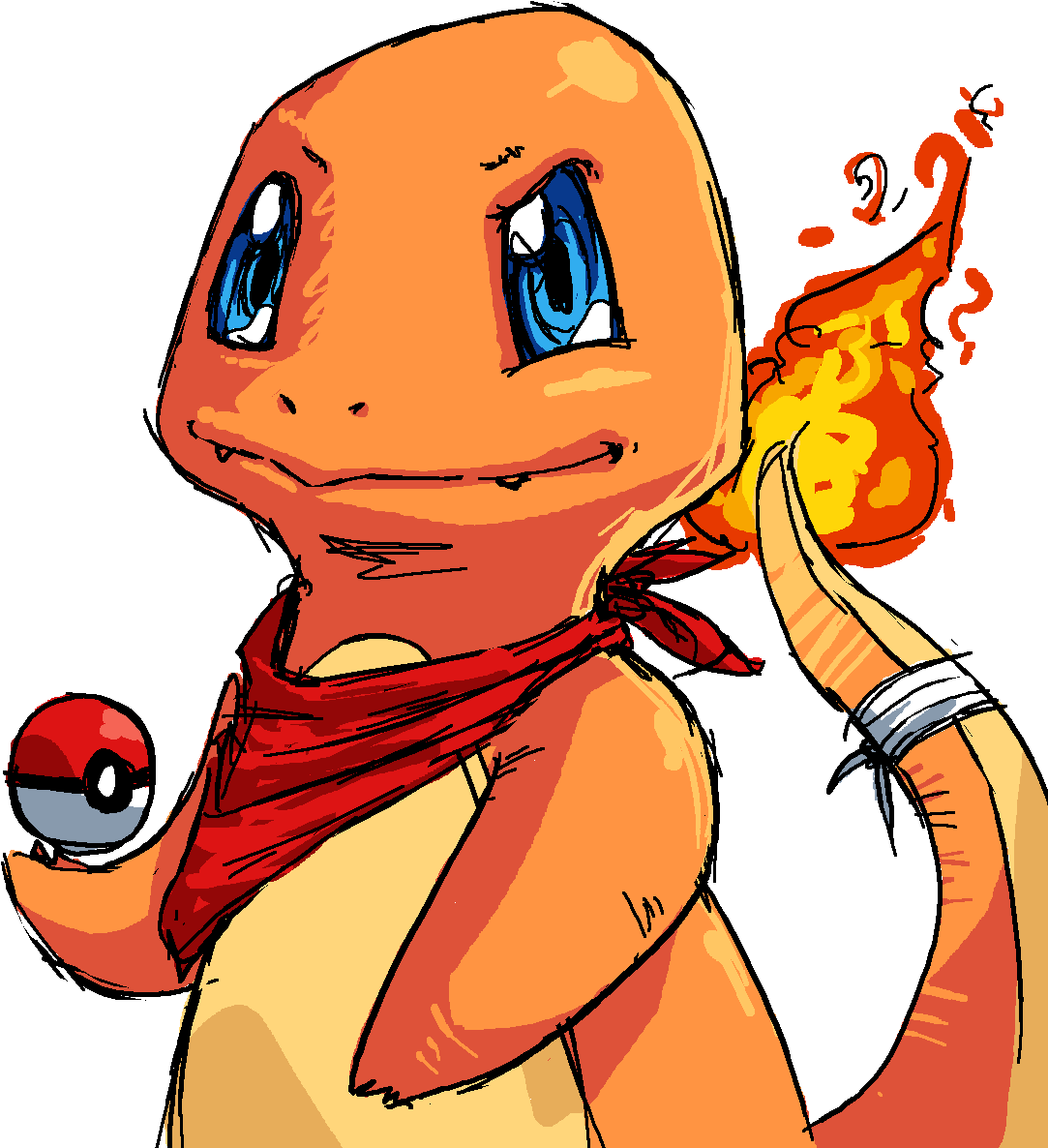 手持 Pokéball 並燃燒尾巴的小火龍 壁紙 — 一隻快樂的卡通小火龍，藍色眼睛，手持精靈球，尾巴噴出火焰，背景為黑色。