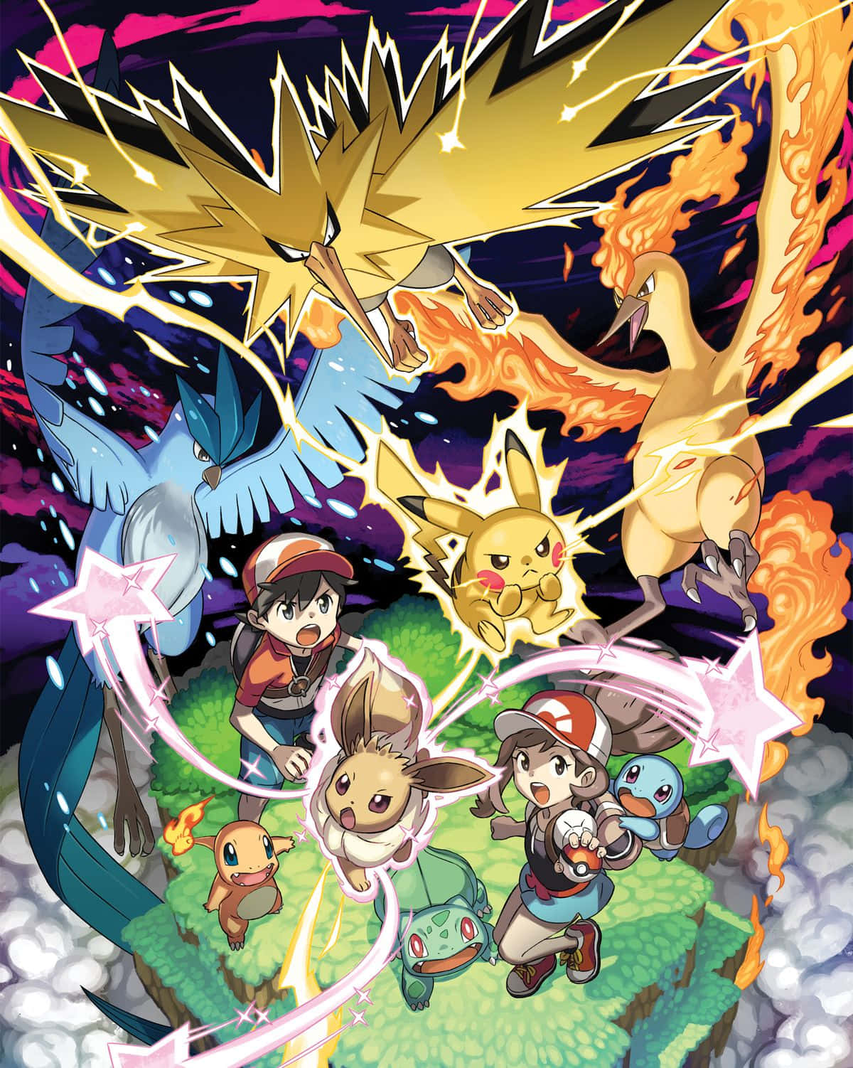 「匯聚一切：Pokemon 對戰激勵每位玩家做到最好」 壁紙 — 兩位訓練家與他們的寶可夢站在浮空島上，四周環繞著傳說中的鳥類，在宇宙背景下釋放電擊與火焰攻擊。