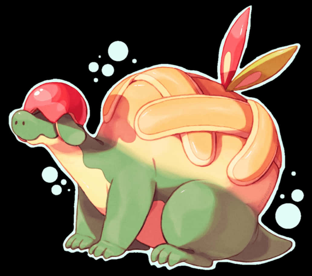 可愛的 Pokémon Appletun 壁紙 — 一隻可愛的卡通烏龜，有著紅色龜殼和兔耳朵，坐在黑色背景上，周圍有白色氣泡。