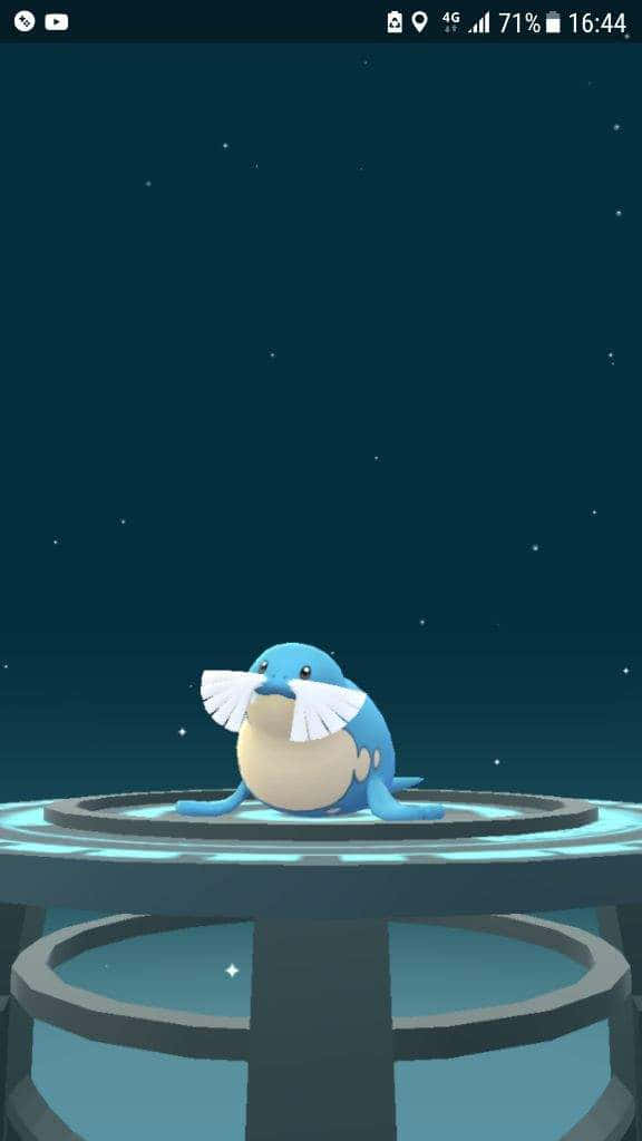 《Pokémon Go》遊戲截圖：海獅站在平台 壁紙 — 一隻藍色和奶油色、像海豹的寶可夢平靜地坐在發光的圓形平台上，背景是星空夜空。
