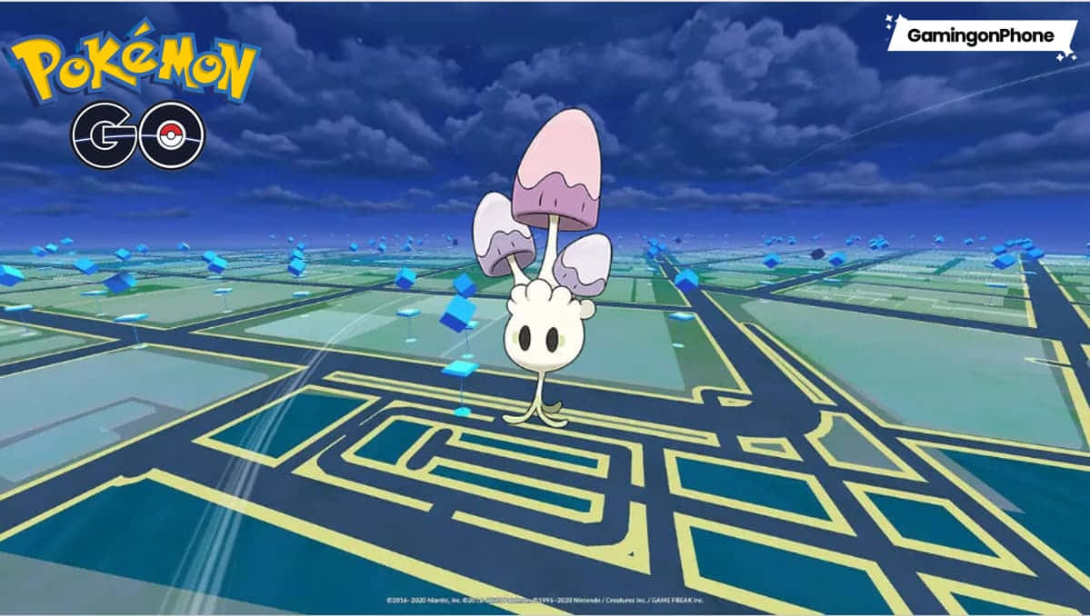 Pokémon GO 莫魯魯海報 壁紙 — 一隻可愛的蘑菇寶可夢漂浮在風格化的城市地圖上方，背景是戲劇性的多雲天空。