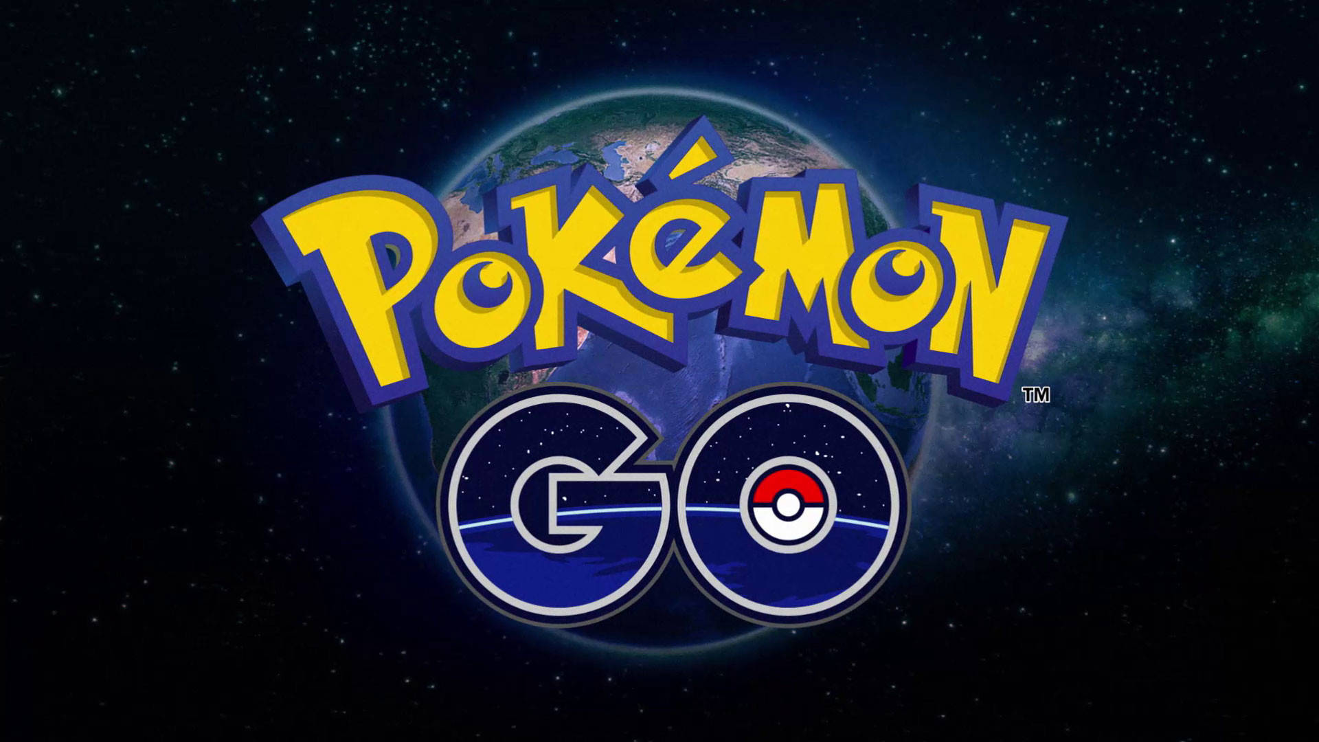 Pokémon GO 標誌 4K 壁紙 — Pokémon GO 標誌在星光宇宙背景下以鮮明的黃色和藍色發光，地球清晰可見。