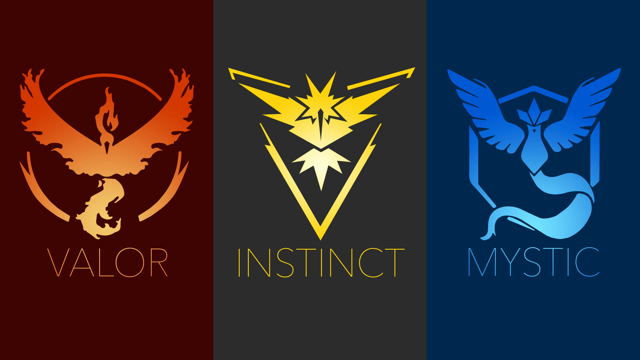《Pokémon GO》中的三支隊伍 壁紙 — 三個不同的 Pokémon Go 隊伍標誌 Valor、Instinct 和 Mystic 並排顯示，採用其標誌性顏色。