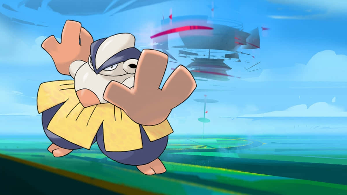 哈力栗Pokémon Go海報 壁紙 — 一隻卡通風格嘅比卡超著住黃色長袍，帶住堅定嘅表情向前跑，一架紅色飛船喺明亮嘅藍天中飛過頭頂。