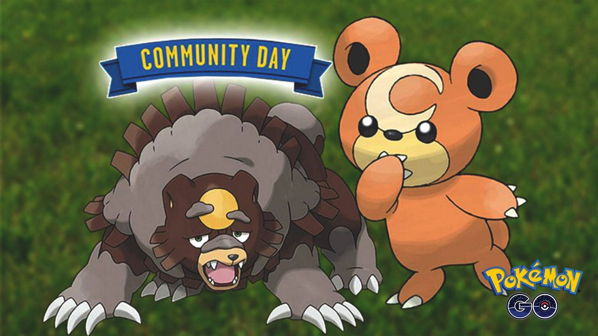 《Pokémon GO》中的烏薩拉娜與泰迪烏爾薩 壁紙 — 兩個寶可夢角色，一個脾氣暴躁的棕色熊狀生物和一隻快樂的橙色熊，站在綠色草地上，藍色橫幅上寫著Community Day。