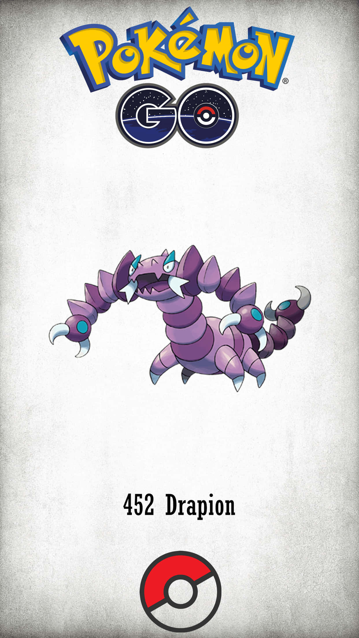 Pokémon GO 草薙龍海報 壁紙 — 一隻紫色蠍子般的寶可夢名為毒骷蛙，在帶有紋理的灰色背景上擺出姿勢，並帶有 Pokémon GO 品牌標誌。