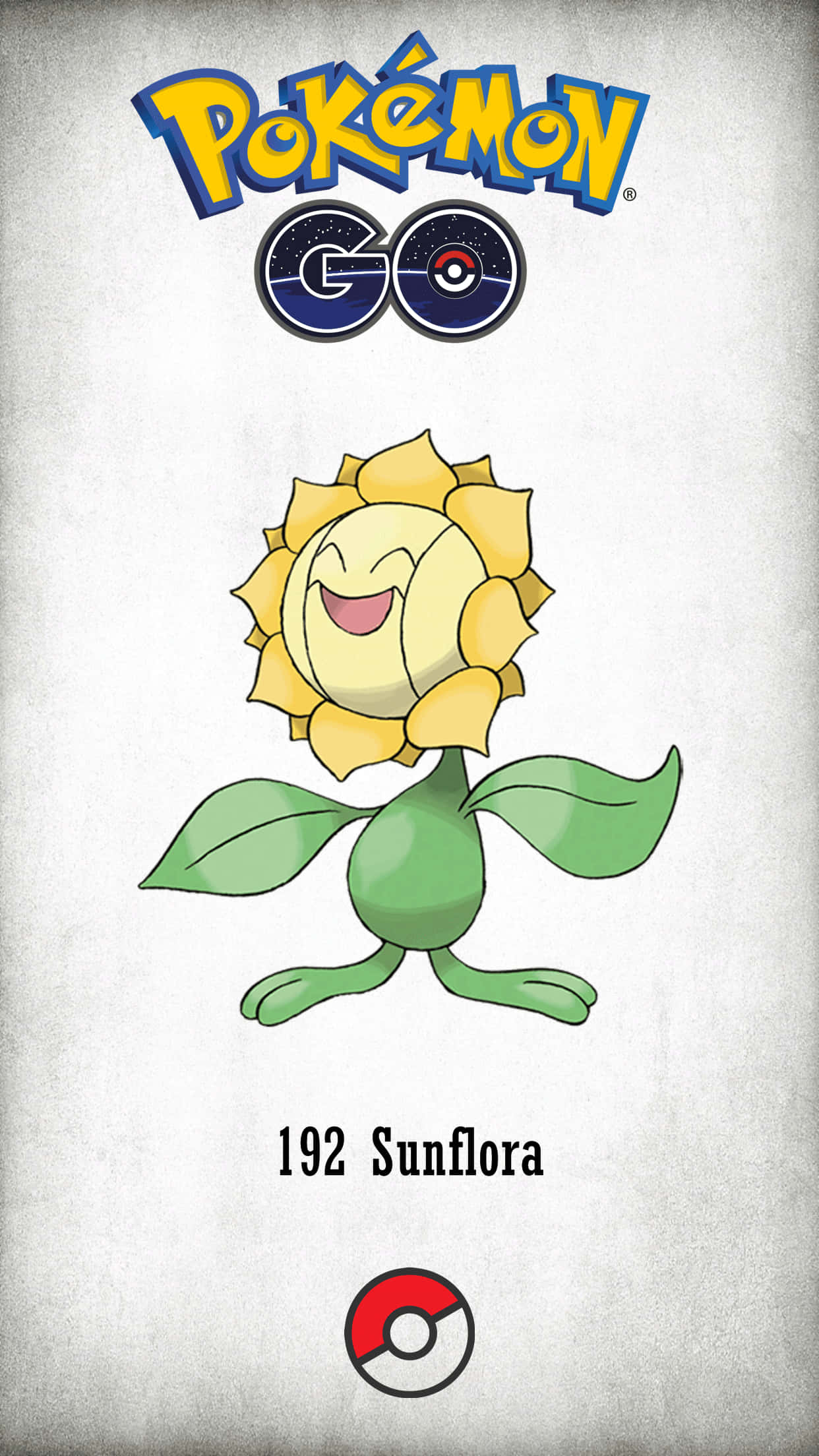 太陽花在Pokémon GO中 壁紙 — 一個名叫Sunflora的快樂卡通向日葵寶可夢，帶著笑臉和綠色莖，站在有紋理的灰色背景前。