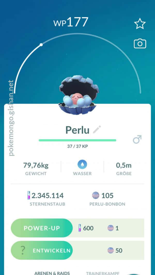 Pokémon GO 蛤蜊寶可夢數據 壁紙 — 一隻名為Perlu的藍色殼寶可夢坐在其殼中，遊戲介面上顯示了統計數據和強化選項。