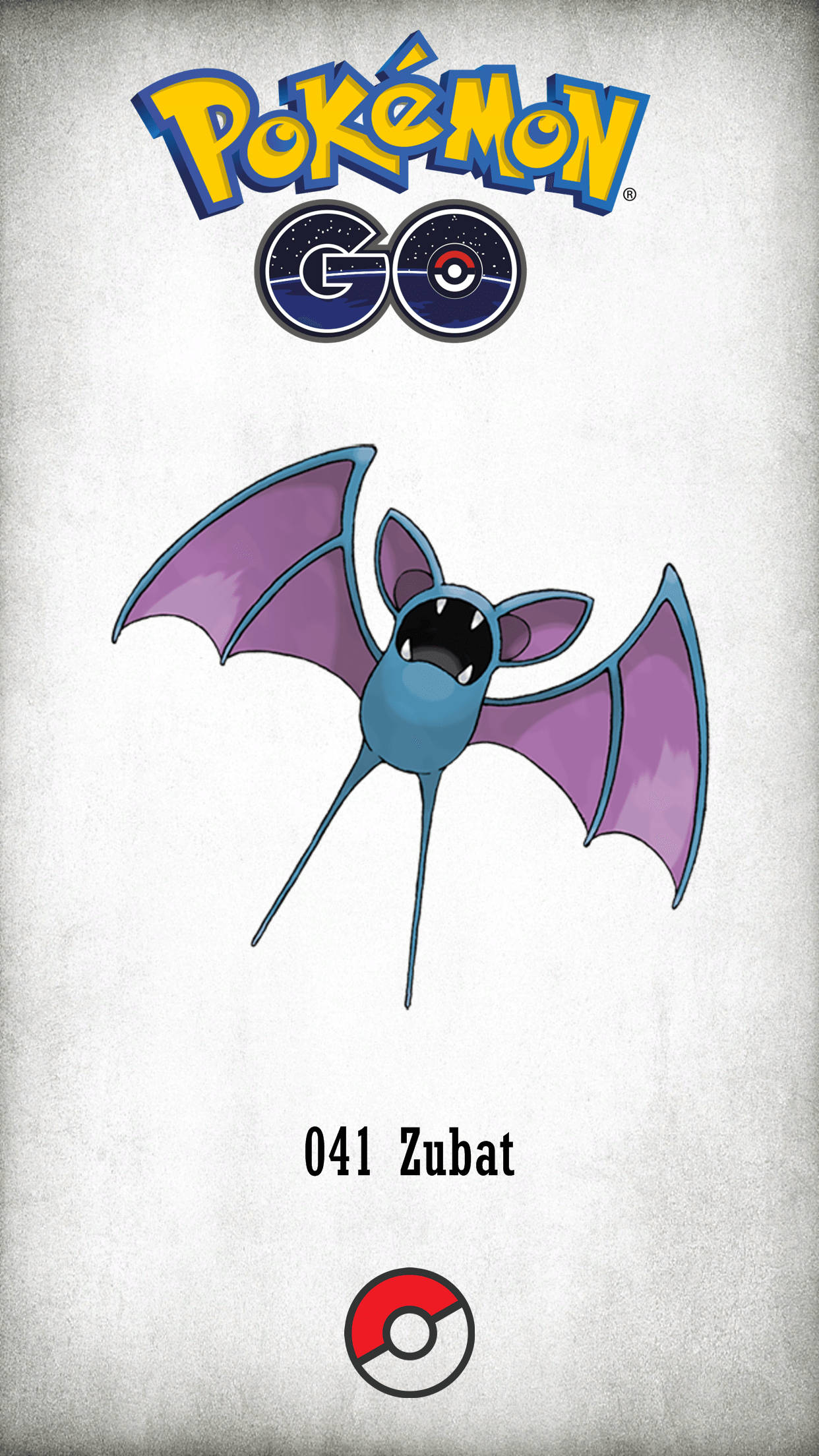 Pokémon Go Zubat 壁紙 — 一隻風格化的超音蝠寶可夢，擁有紫色翅膀和藍色身體，背景為帶有紋理的灰色，並帶有PokéGO品牌標誌。