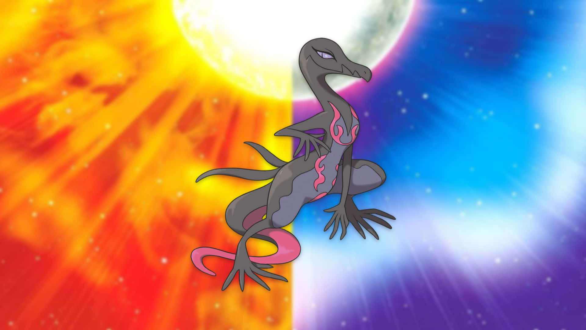 Pokémon Salazzle 太陽與月亮 壁紙 — 一條帶有粉紅色標記的時尚黑龍，站在分裂的熾熱太陽和清涼月光天空的背景前。
