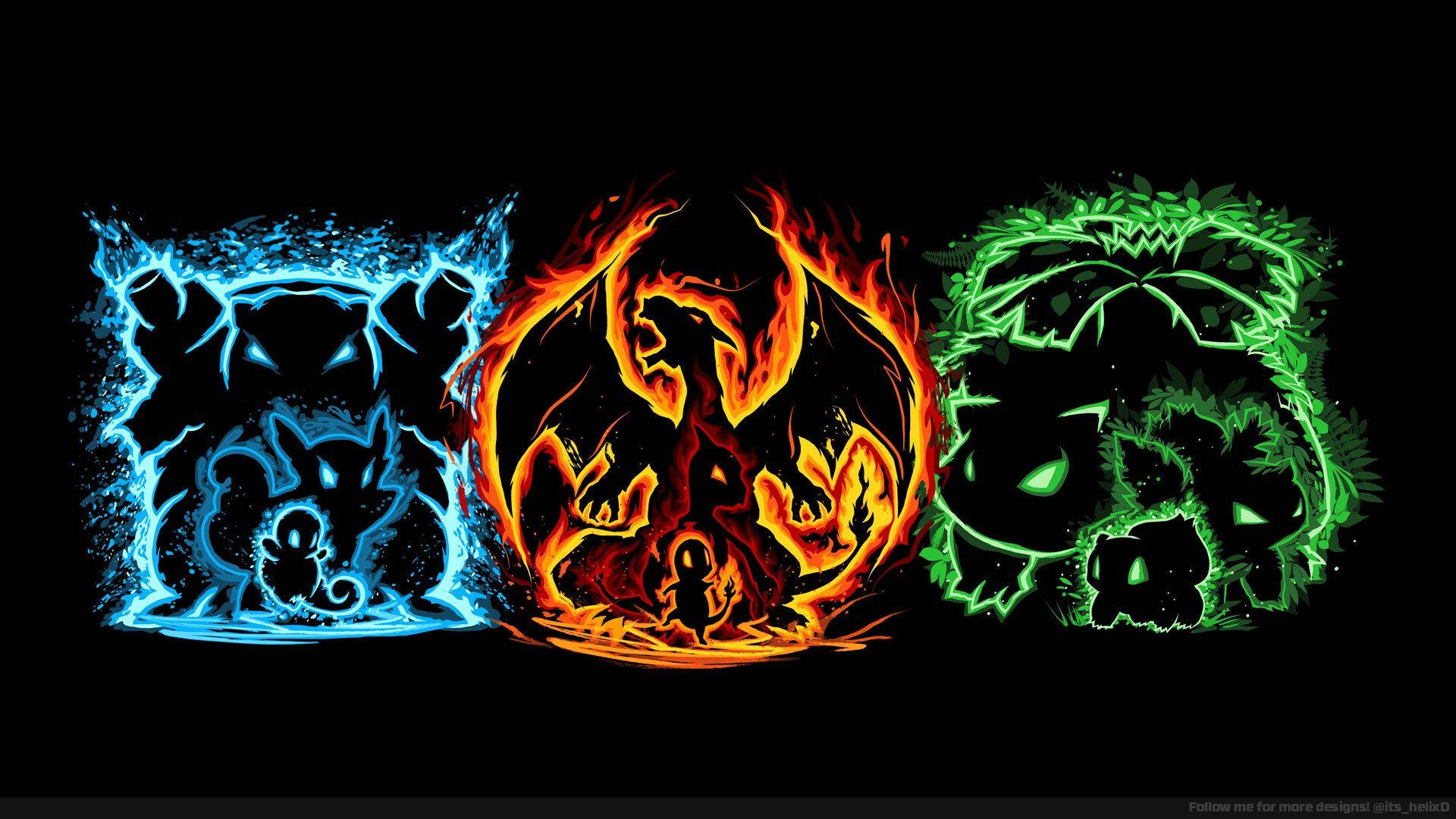 寶可夢 Squirtle、Charmander 與 Bulbasaur 在黑暗中發光