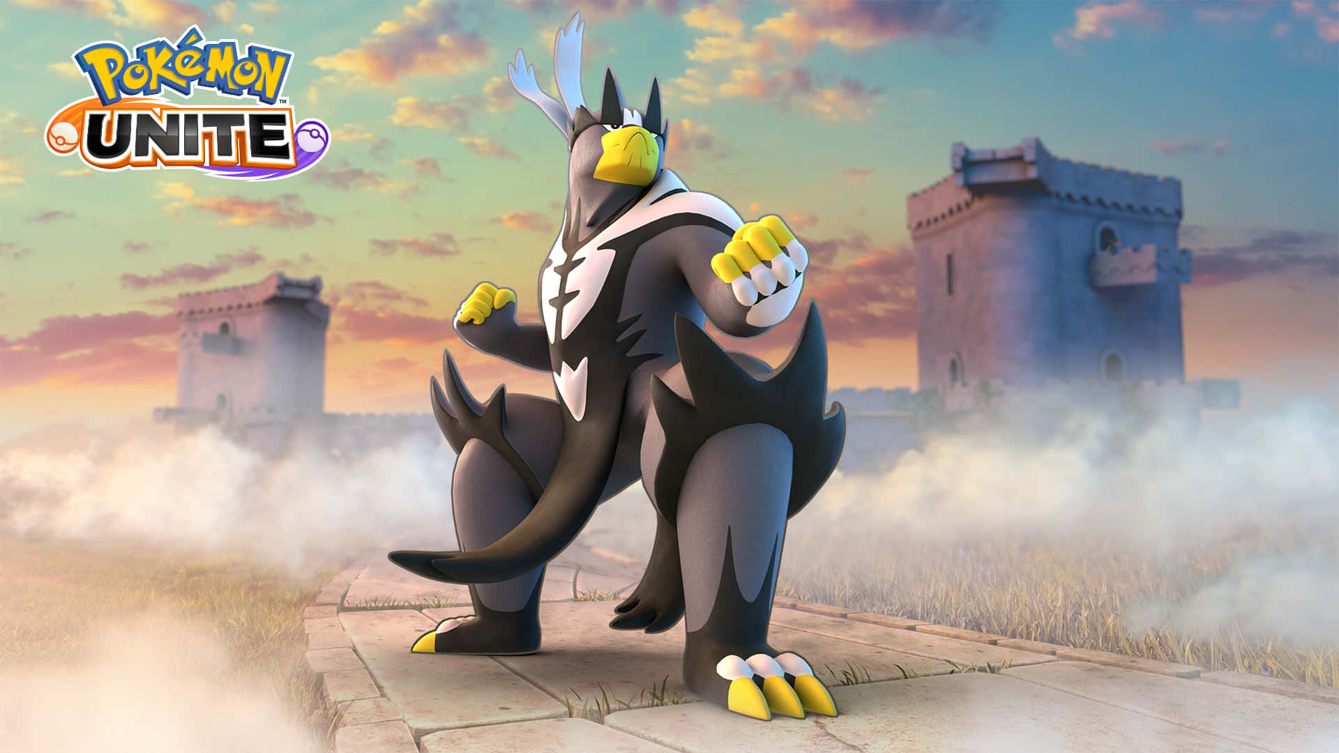 《Pokémon Unite》標誌旁的Urshifu戰鬥姿態 壁紙 — 一隻雄偉的黑白鳥類寶可夢在日落時分自豪地站在城堡塔樓之間的石徑上。