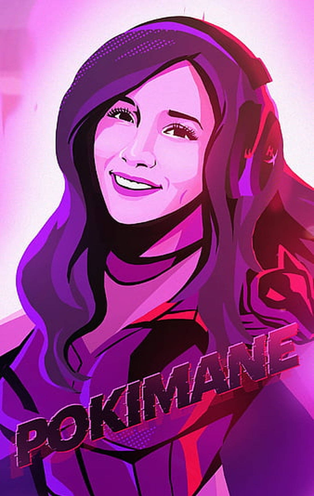 Pokimane 在風格化的紫色和粉紅色數位插圖中微笑。