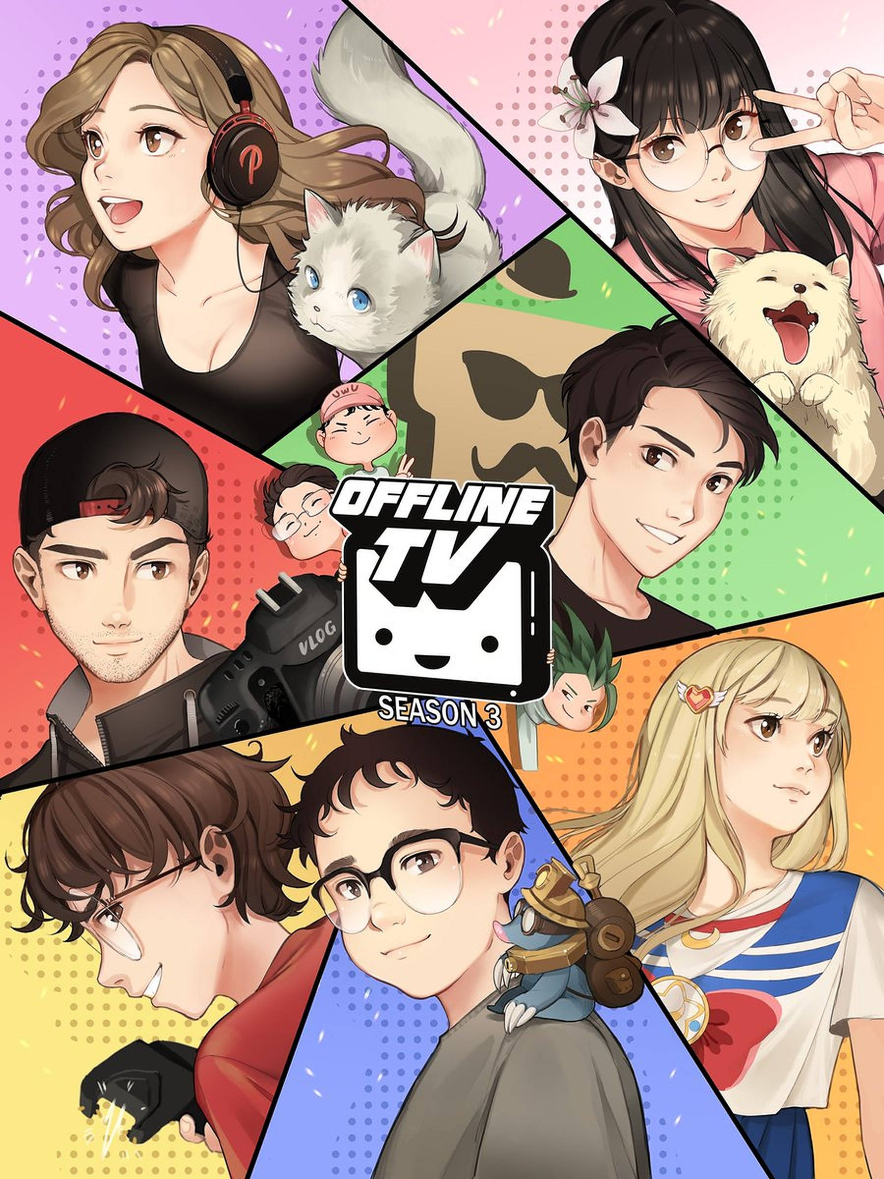 Pokimane OTV 藝術 壁紙 — 充滿活力的動漫風格拼貼畫，描繪了多樣化的角色與寵物和遊戲裝備，置於色彩繽紛的幾何面板中。