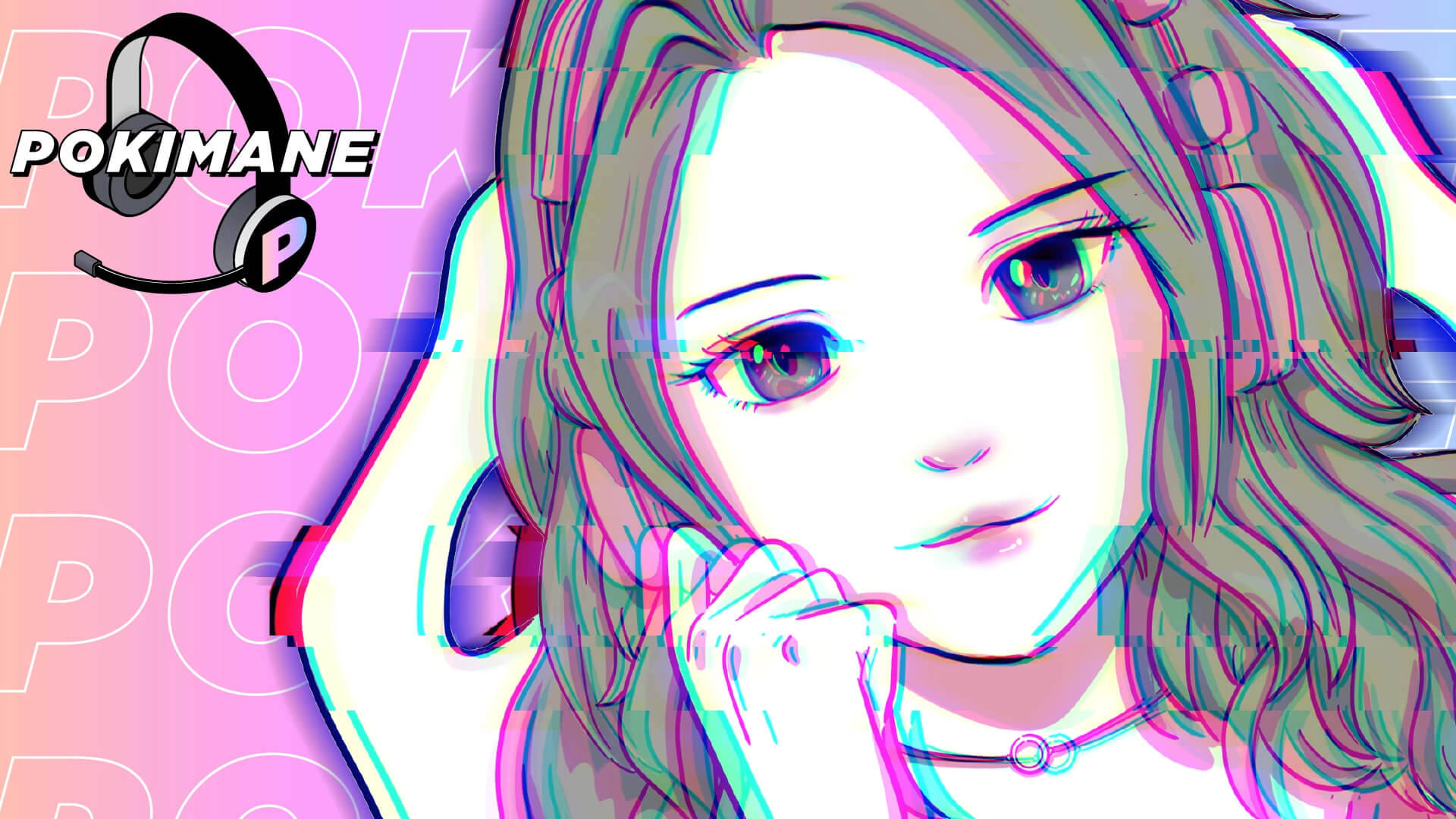 Pokimane 以動漫風格呈現，帶有故障藝術和遊戲耳機。