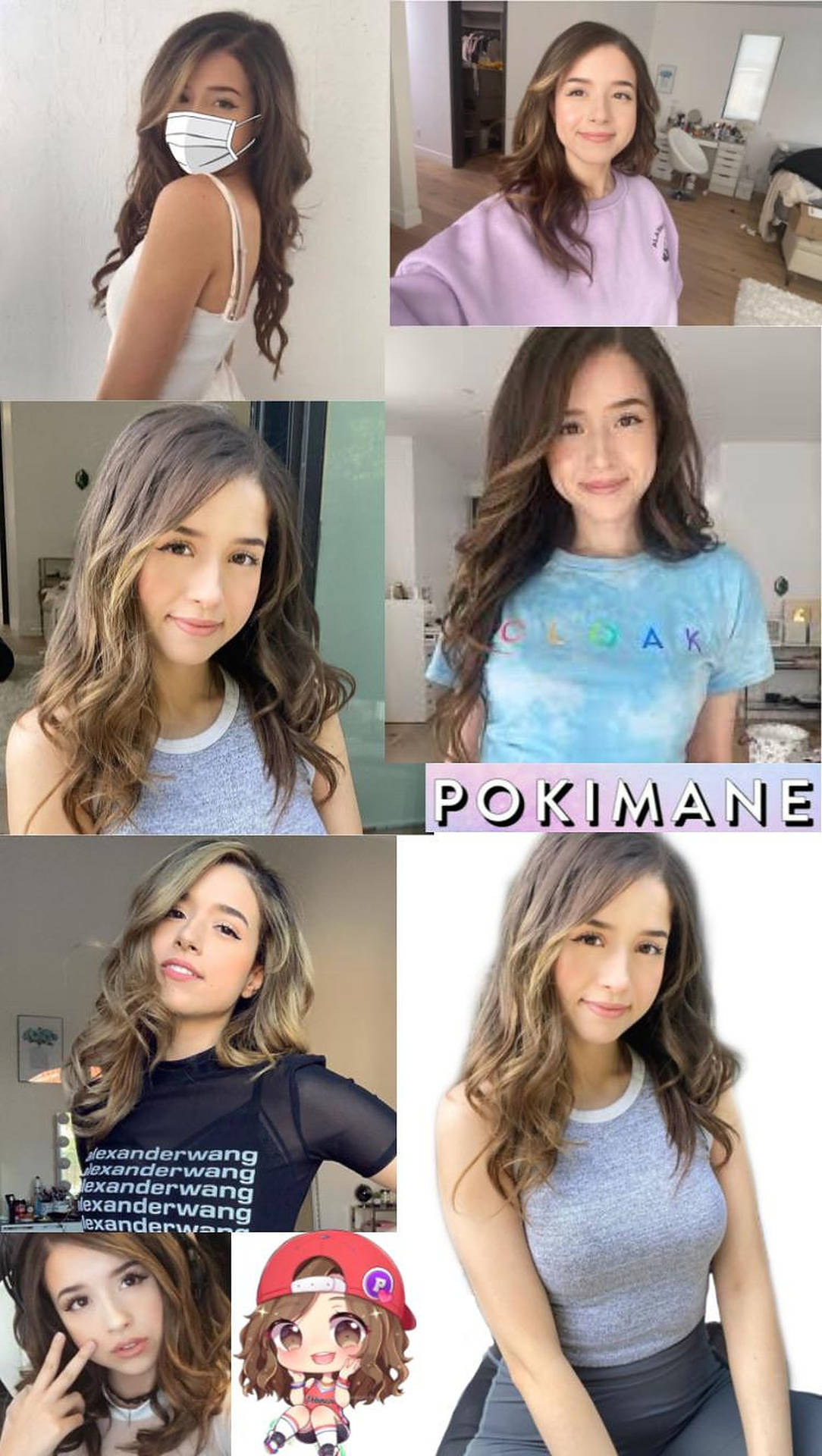 Pokimane 在多張照片中穿著不同服裝並擺姿勢，包括一個 Q 版動畫版本。