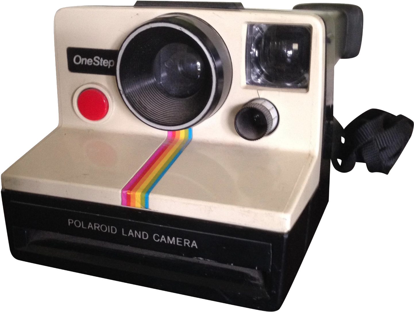 經典Polaroid OneStep Land相機 壁紙 — 一部復古Polaroid OneStep Land相機，帶有彩虹條紋和紅色快門按鈕，背景為黑色。