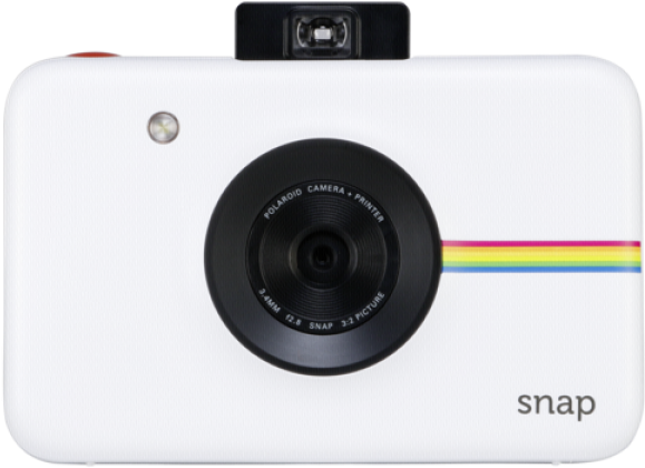 Polaroid Snap即影即有相機 壁紙 — 一部白色Polaroid Snap相機，帶有彩虹條紋和黑色鏡頭，置於純色背景中央。