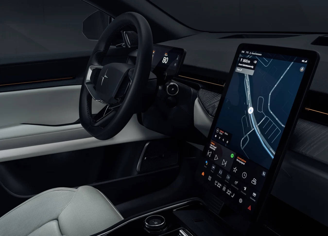 Polestar 3 內裝概念圖 壁紙 — 現代汽車內飾，配備極簡儀表板，在環境照明下柔和發光。