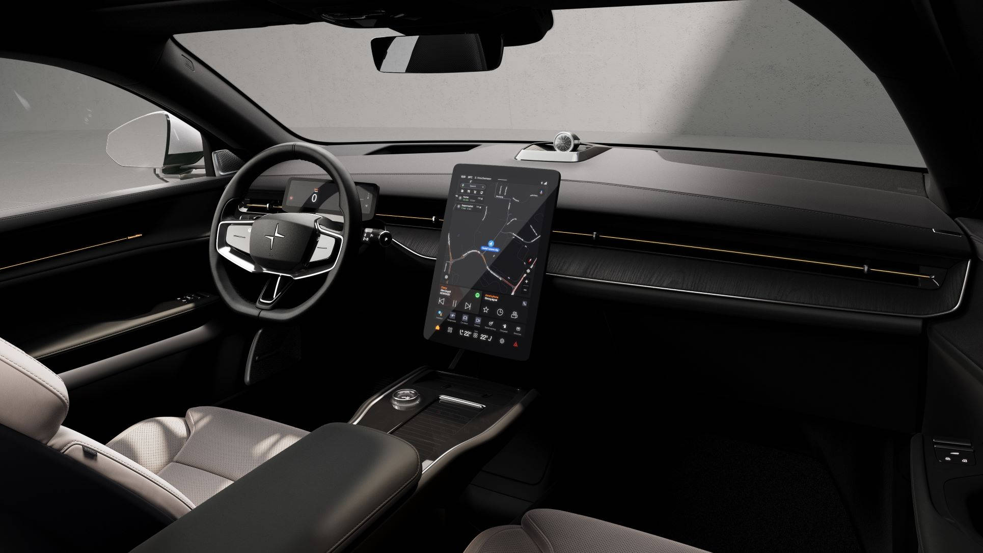Polestar車輛AI整合內飾面板 壁紙 — 現代汽車內飾，配備簡約黑色儀表板及顯示導航的大型中央觸控屏幕。