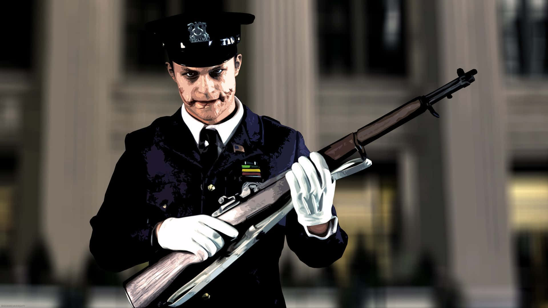 一個穿著警察制服的卡通小丑在法院前拿著步槍。
