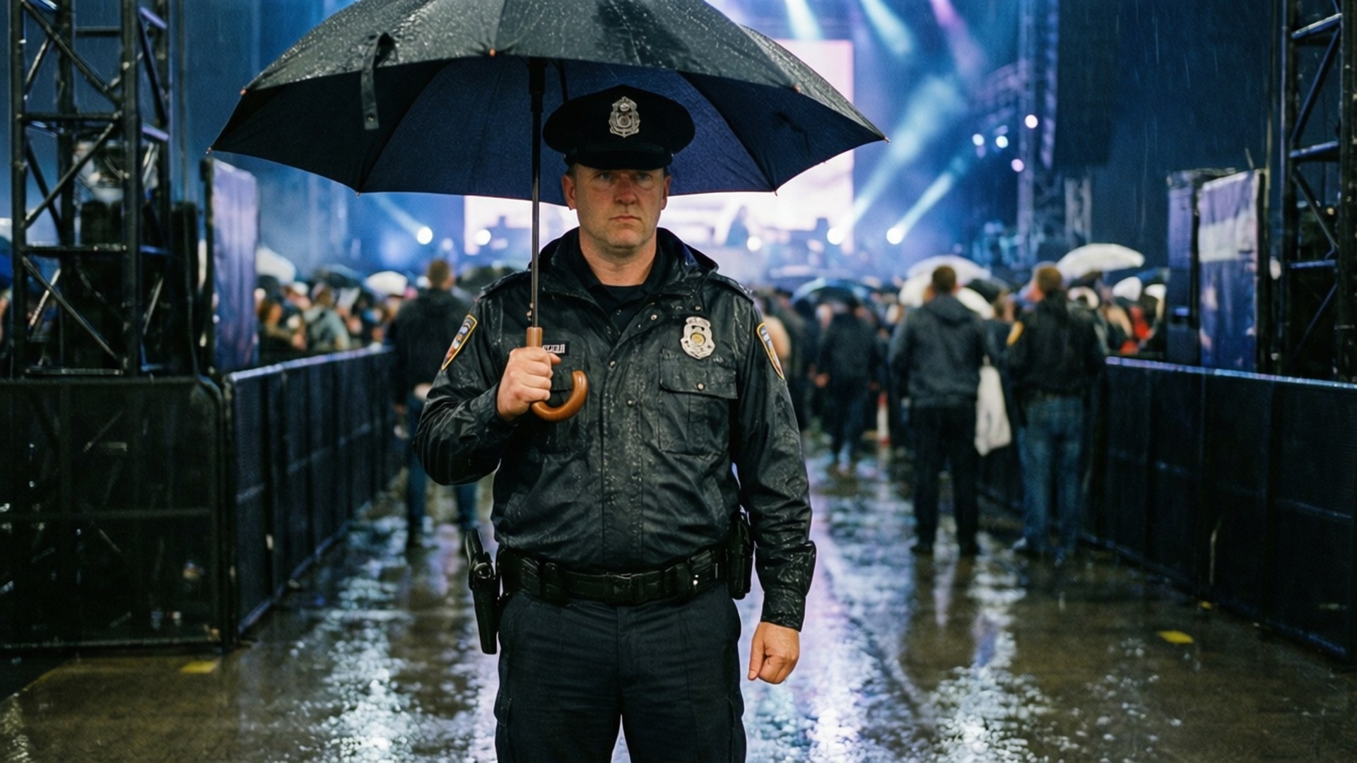 桌布 壁紙 — 一名警察站在黑色雨傘下，身處被雨水浸濕的音樂會小巷，背後有閃爍的舞台燈光。