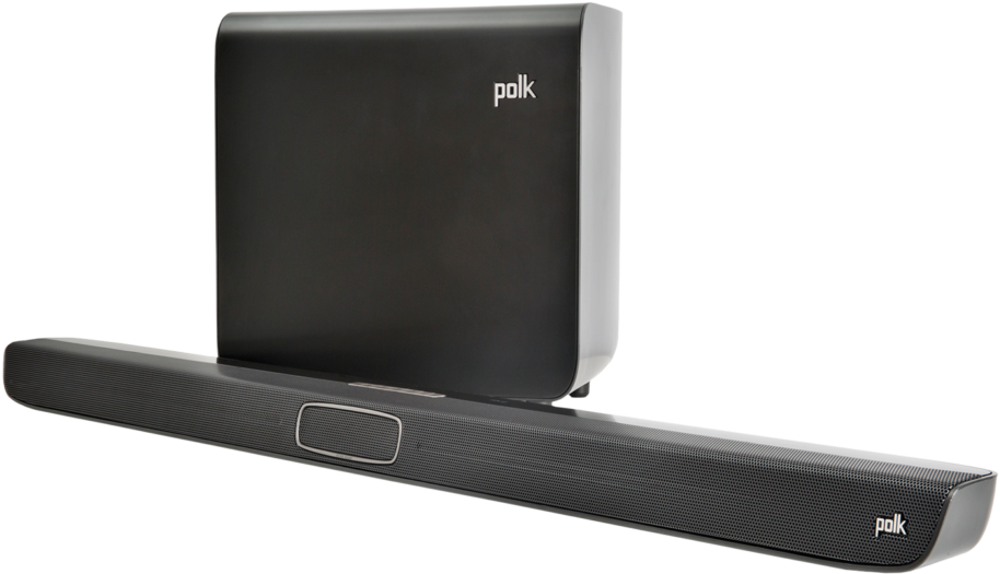Polk 音響條與無線低音炮組合 壁紙 — 現代黑色Polk soundbar和subwoofer，以簡潔極簡線條襯托在純白背景上。