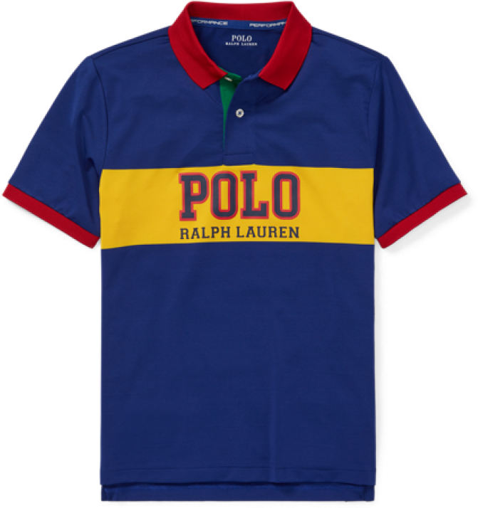 拉夫勞倫色塊Polo衫 壁紙 — 一件充滿活力的藍色Polo衫，配有紅色領口和袖口，並有一條大膽的黃色條紋，上面有紅色和黑色的「POLO RALPH LAUREN」字樣。