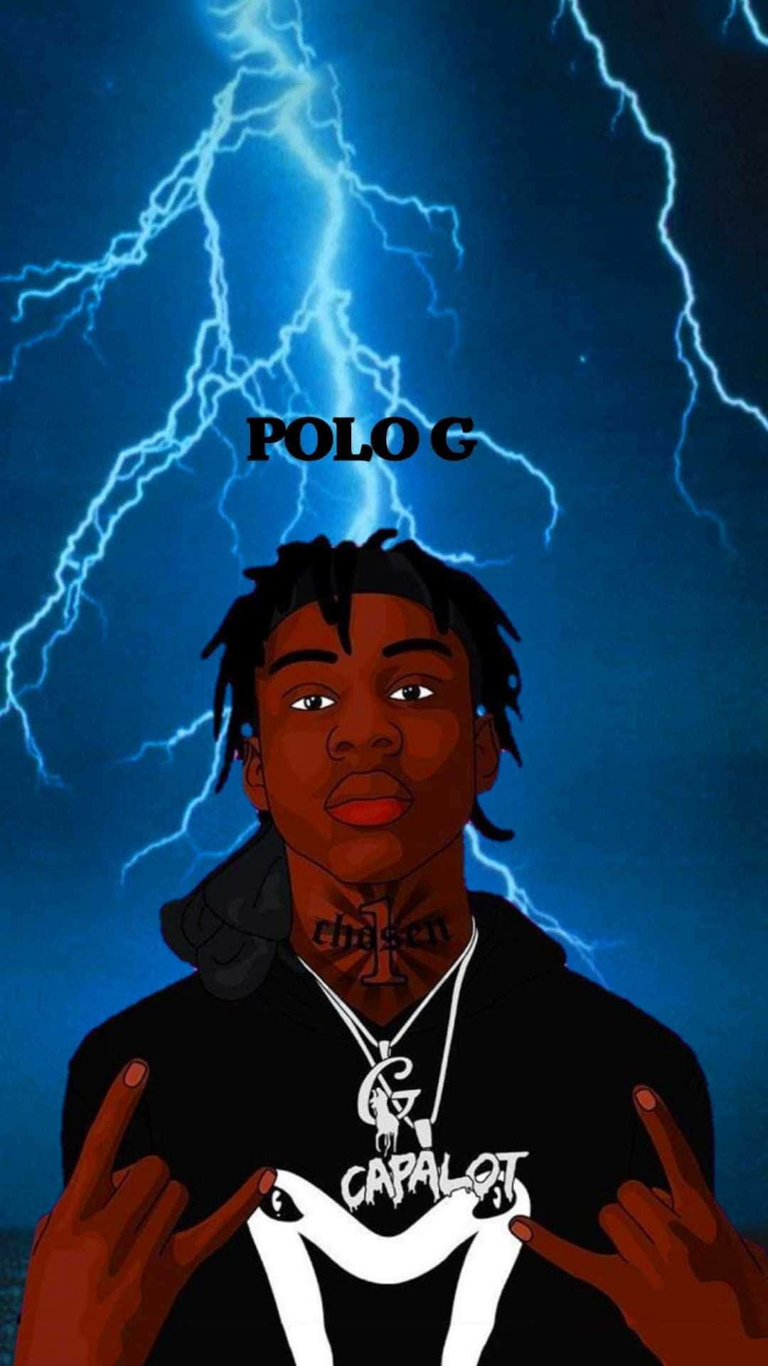  壁紙 — Polo G 的風格化數位肖像，背景是戲劇性的藍色閃電暴風雨天空。