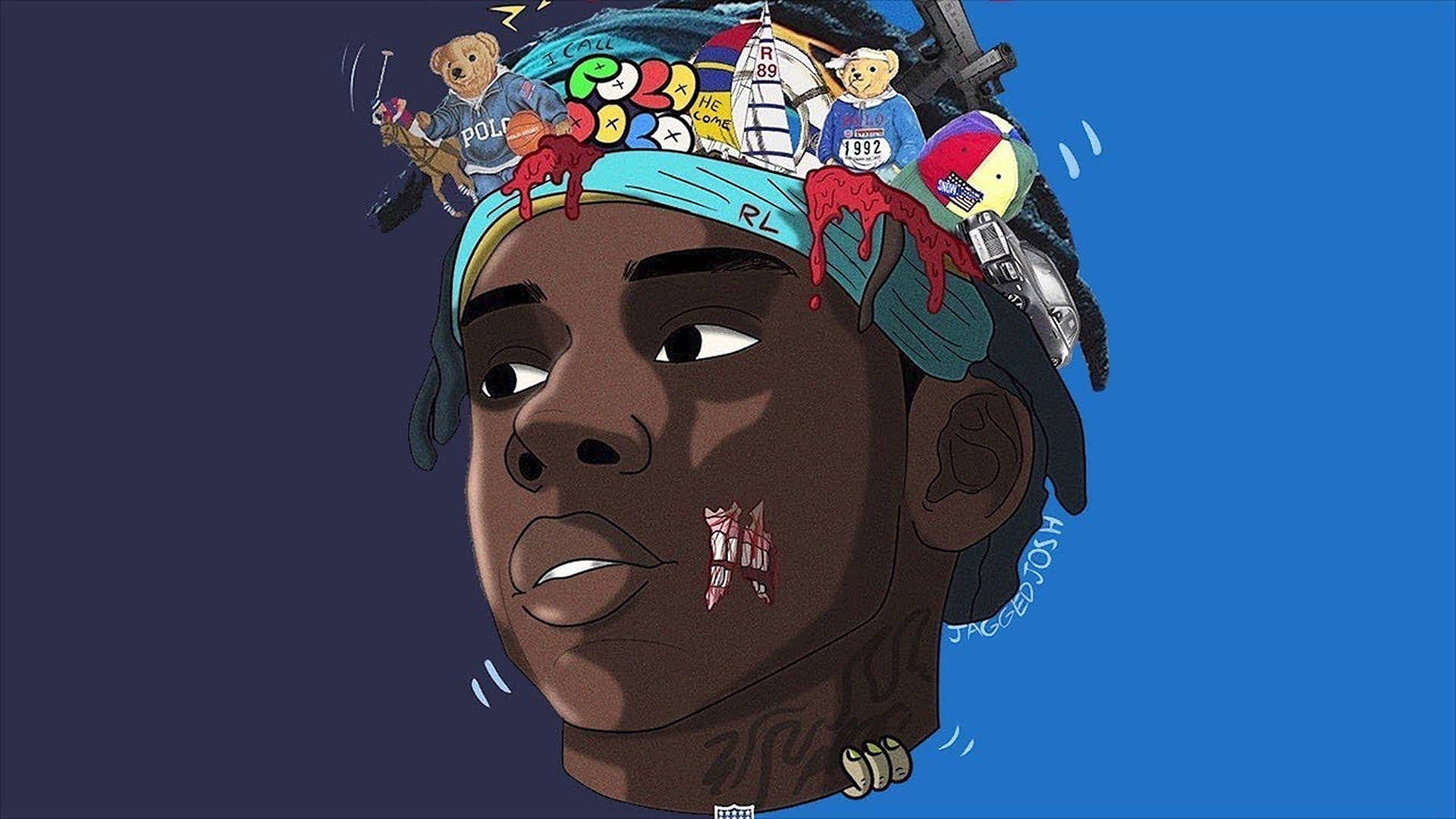 Polo G 創意藝術 壁紙 — 一個風格化的卡通肖像，描繪一個戴著藍色頭帶的男人，混亂的玩具從他的頭上滴下紅色液體，背景為藍色。