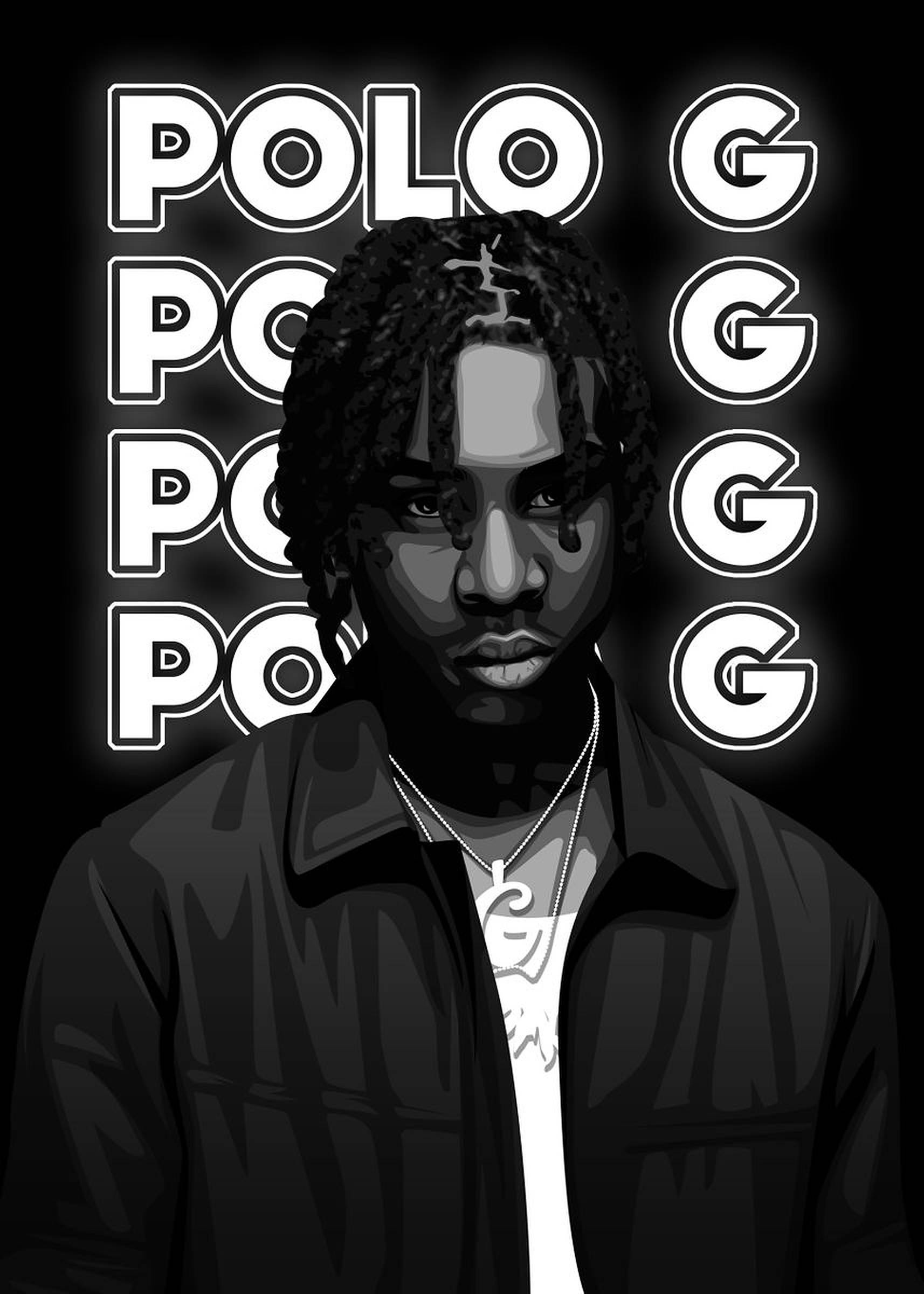 Polo G 單色藝術 壁紙 — 一個風格化的黑白肖像，一名留著辮子、身穿外套和戴著鏈條的男子，背景是重複的「POLO G」文字。