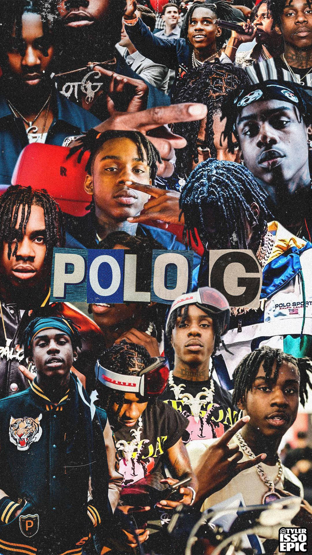 Polo G 拼貼照片 壁紙 — 一張充滿活力的拼貼畫，展示說唱歌手Polo G的多種姿勢和服裝，並帶有粗體文字疊加。