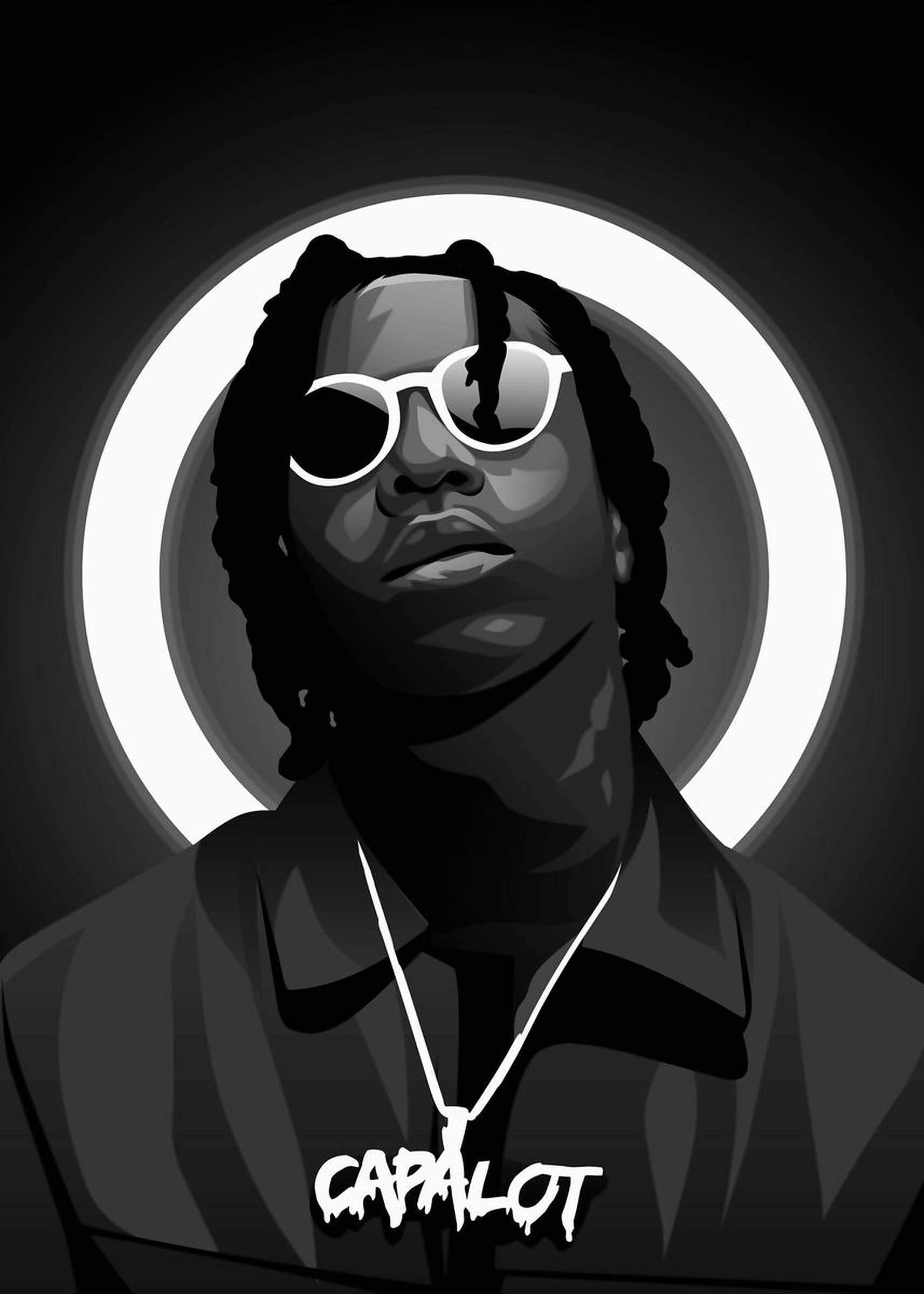 Polo G 白色光暈 壁紙 — 一個戴著辮子頭和太陽眼鏡的男士，被發光光環框住的風格化黑白肖像。