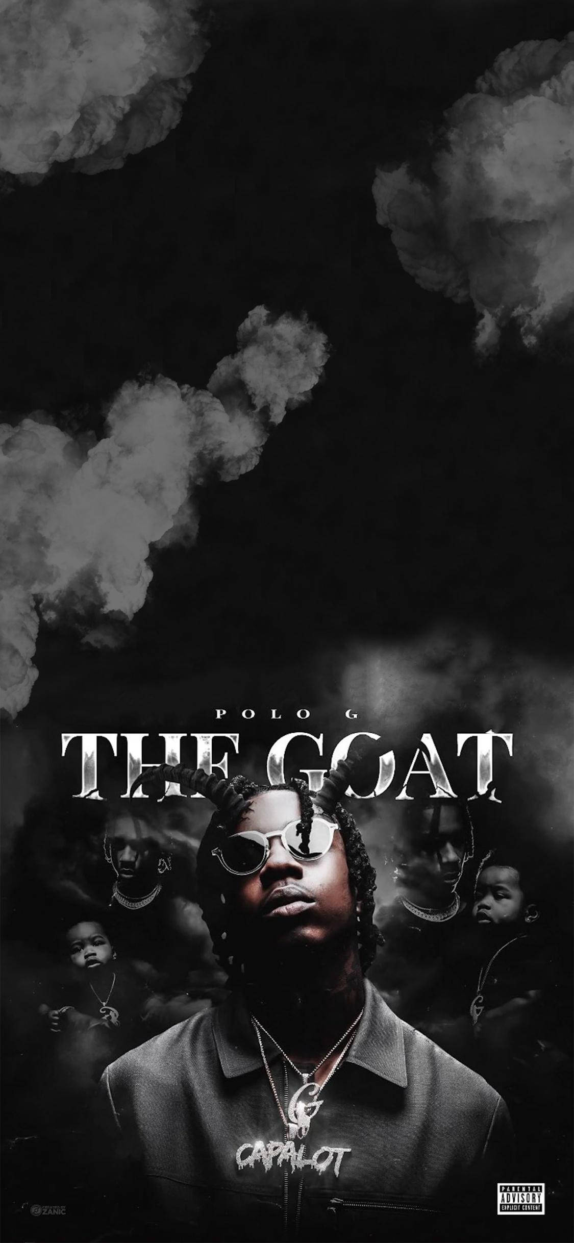 Polo G The Goat 壁紙 — Polo G 的黑白肖像，頭戴煙霧冠冕，背後有鬼臉，粗體文字宣稱他為「THE GOAT」。