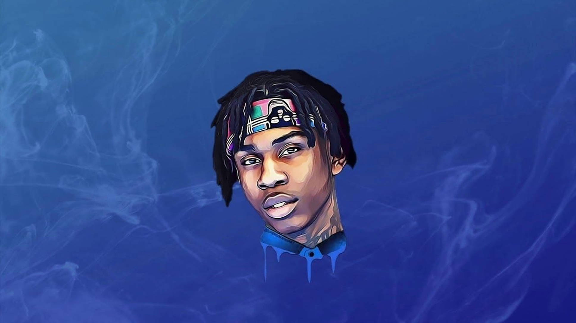 Polo G 藍煙藝術畫 壁紙 — 一個風格化的數碼肖像，描繪一位年輕男子，留著辮子頭，戴著彩色頭帶，背景是旋轉的藍色煙霧。