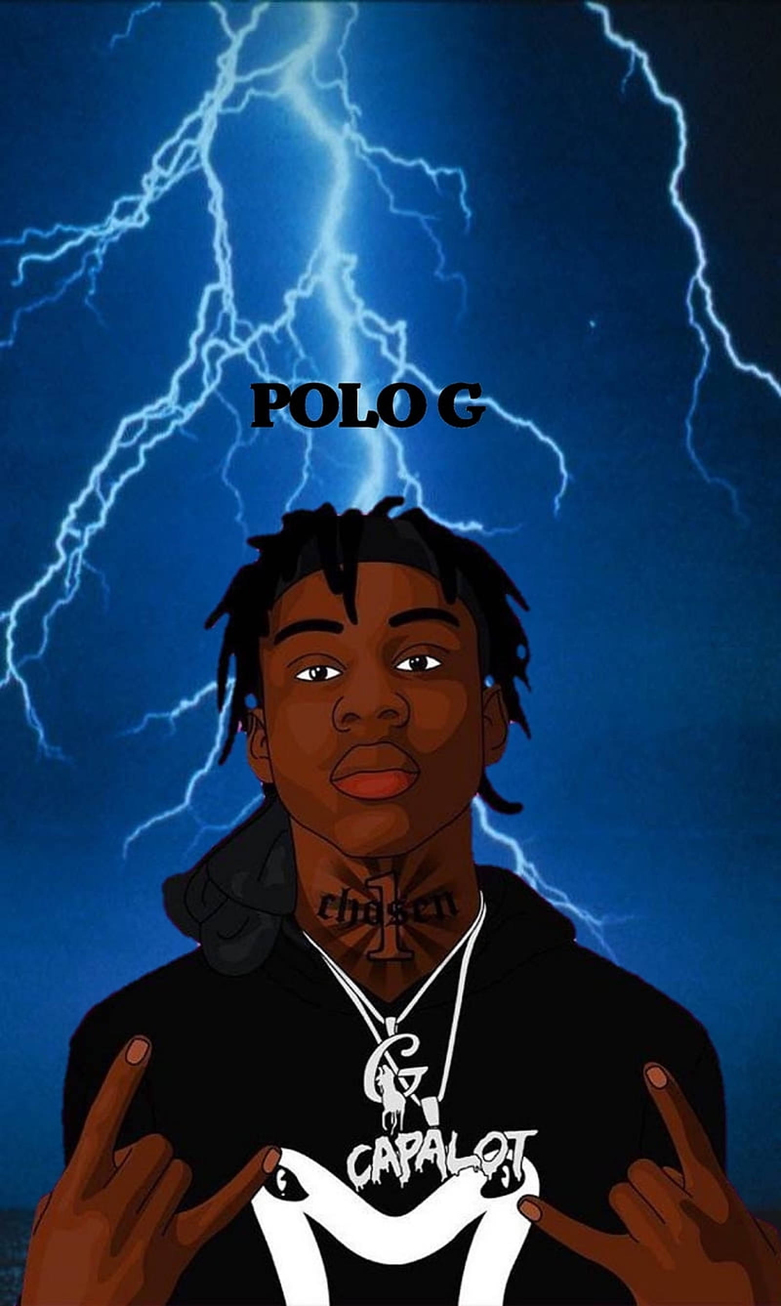 Polo G 藍色閃電藝術 壁紙 — Polo G 的風格化卡通肖像，背景是深藍色天空，帶有明亮的閃電。