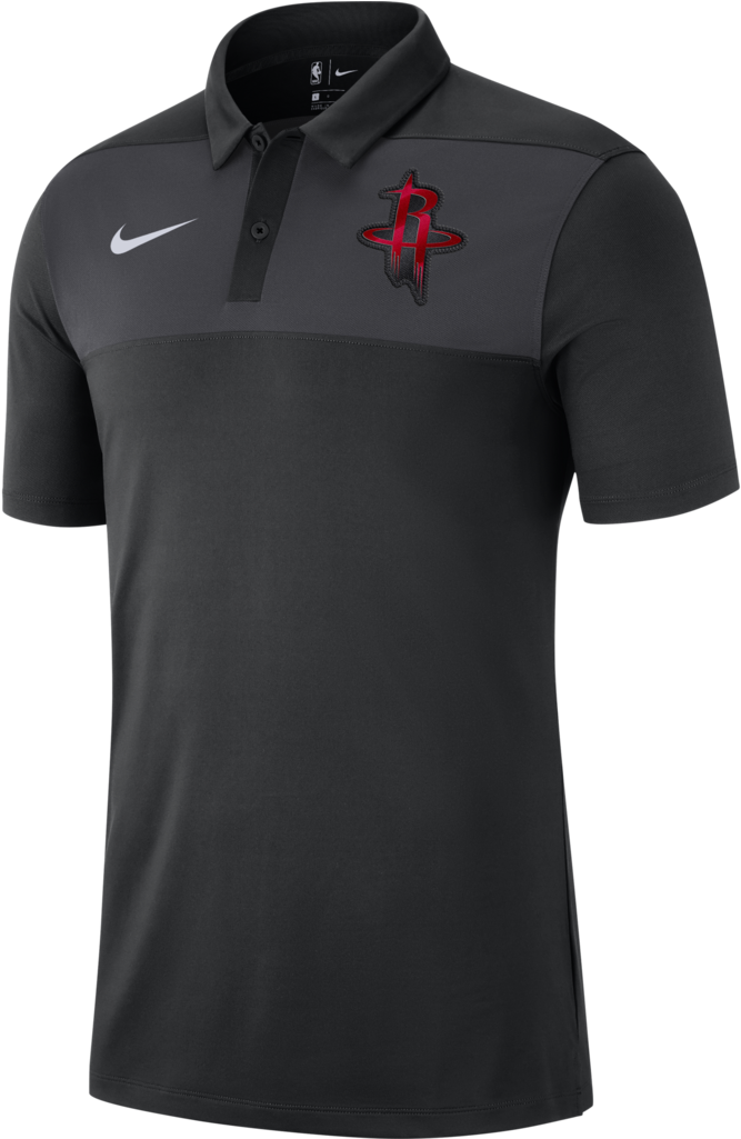休士頓火箭隊耐克Polo衫 壁紙 — 深灰色侯斯頓火箭隊 Polo 衫，帶有紅色標誌和白色 Nike 剔號，背景為黑色。