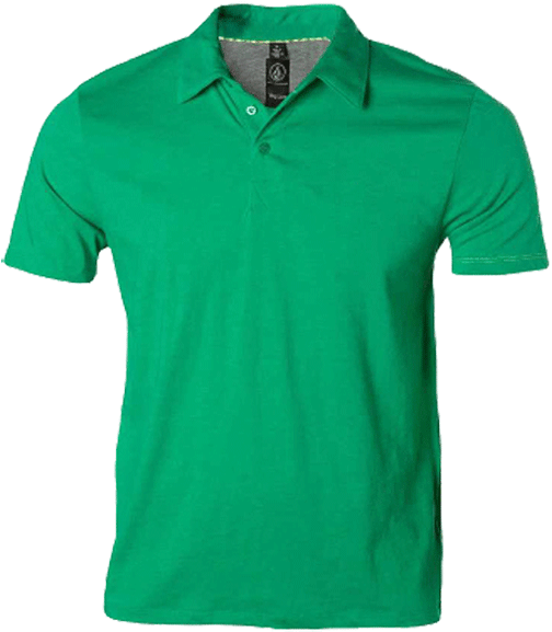 綠色Polo衫產品展示 壁紙 — 一件充滿活力的綠色Polo衫，帶有對比色的灰色內領和黑色品牌標籤，展示在純黑色背景上。