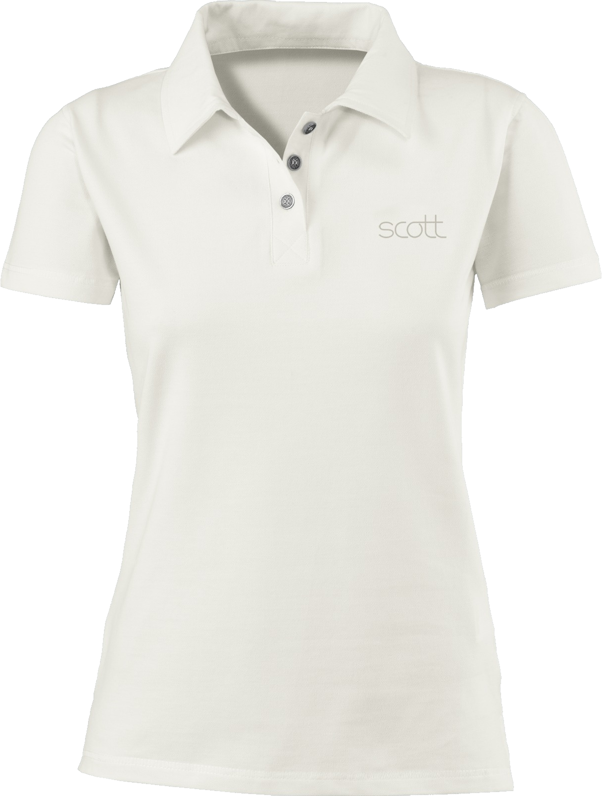 白色Polo衫品牌Scott 壁紙 — 一件清爽的白色女裝Polo衫，附有領口和三顆鈕扣，左胸位置有一個低調的灰色 'scott' 標誌。