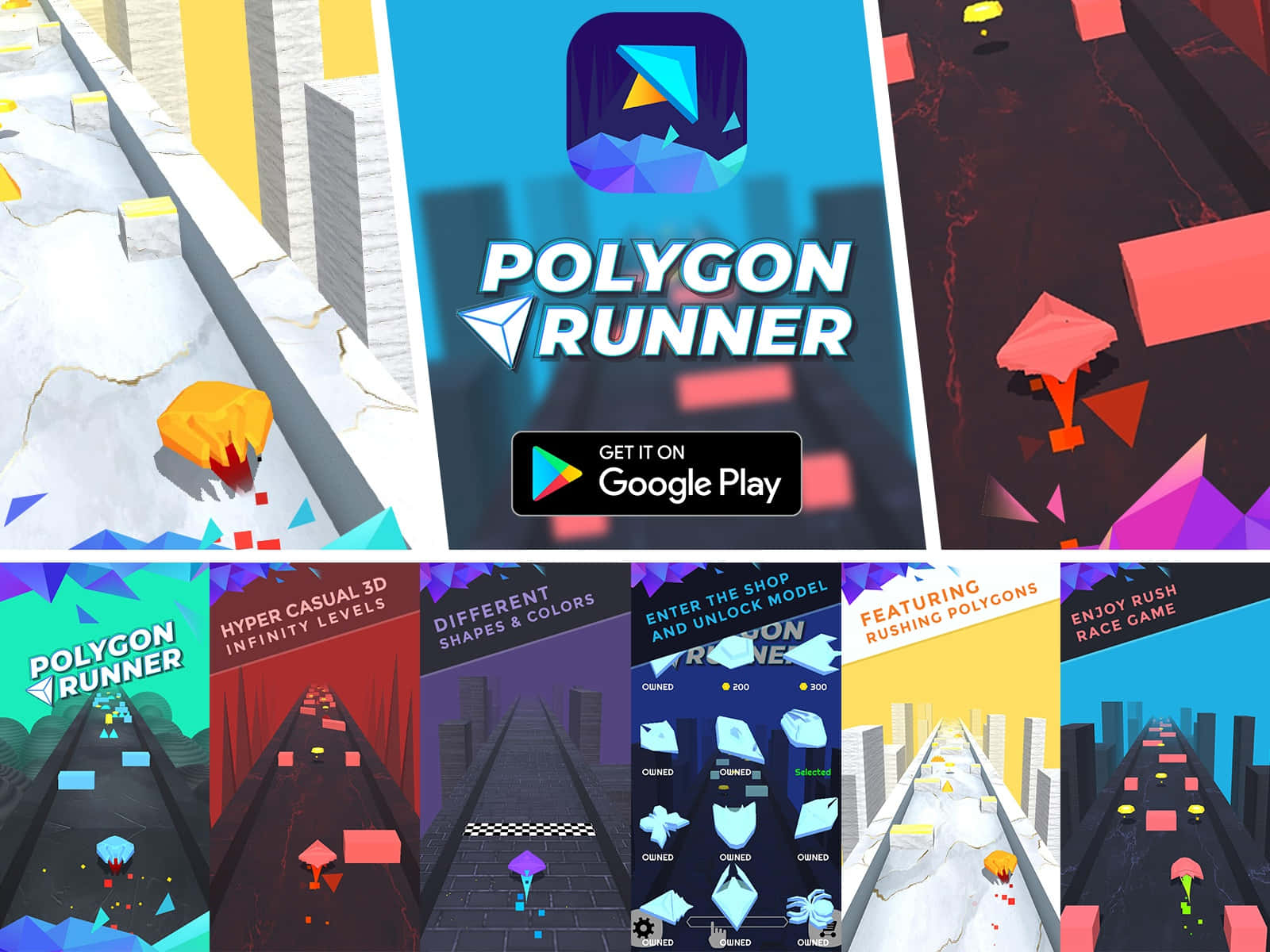 Casual Games 桌布 壁紙 — Polygon Runner 遊戲畫面的鮮明拼貼，展示色彩繽紛的幾何跑者穿梭於風格化的 3D 障礙賽道。