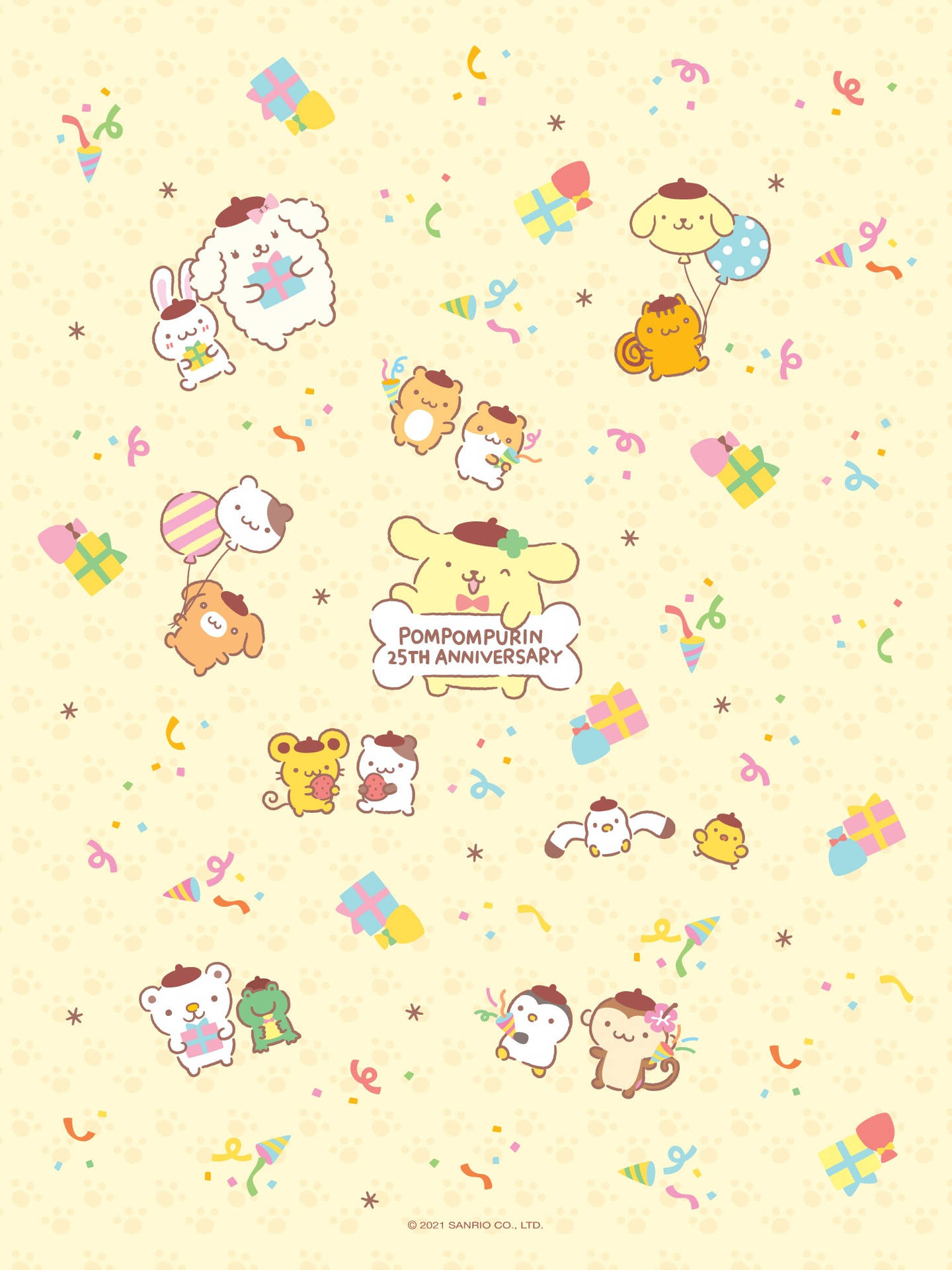 PomPomPurin角色以禮物和氣球在節日圖案中慶祝。 — 布甸狗 GIF 壁紙