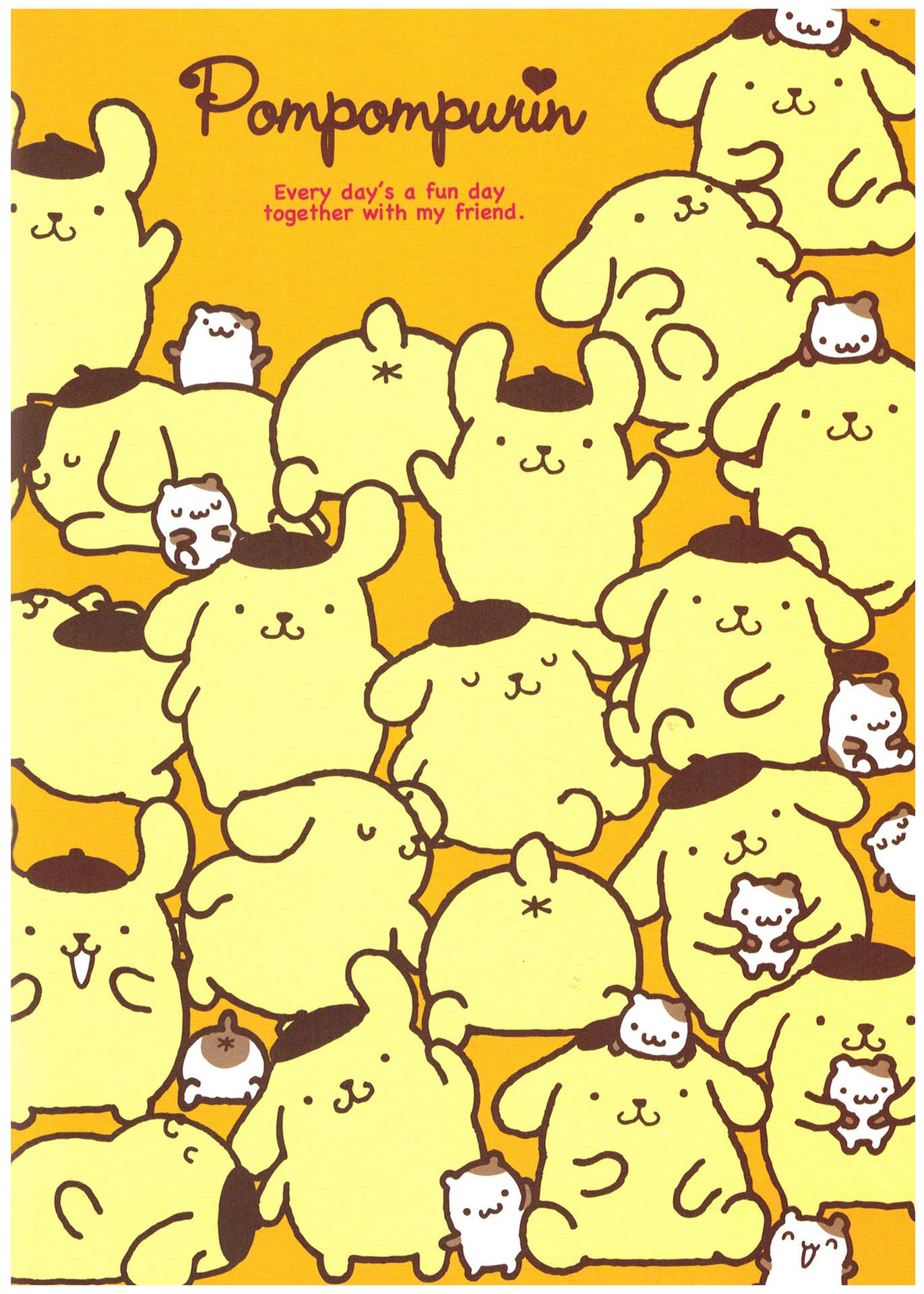 帶有重複可愛 PomPomPurin 角色和白色小貓咪的黃色背景。