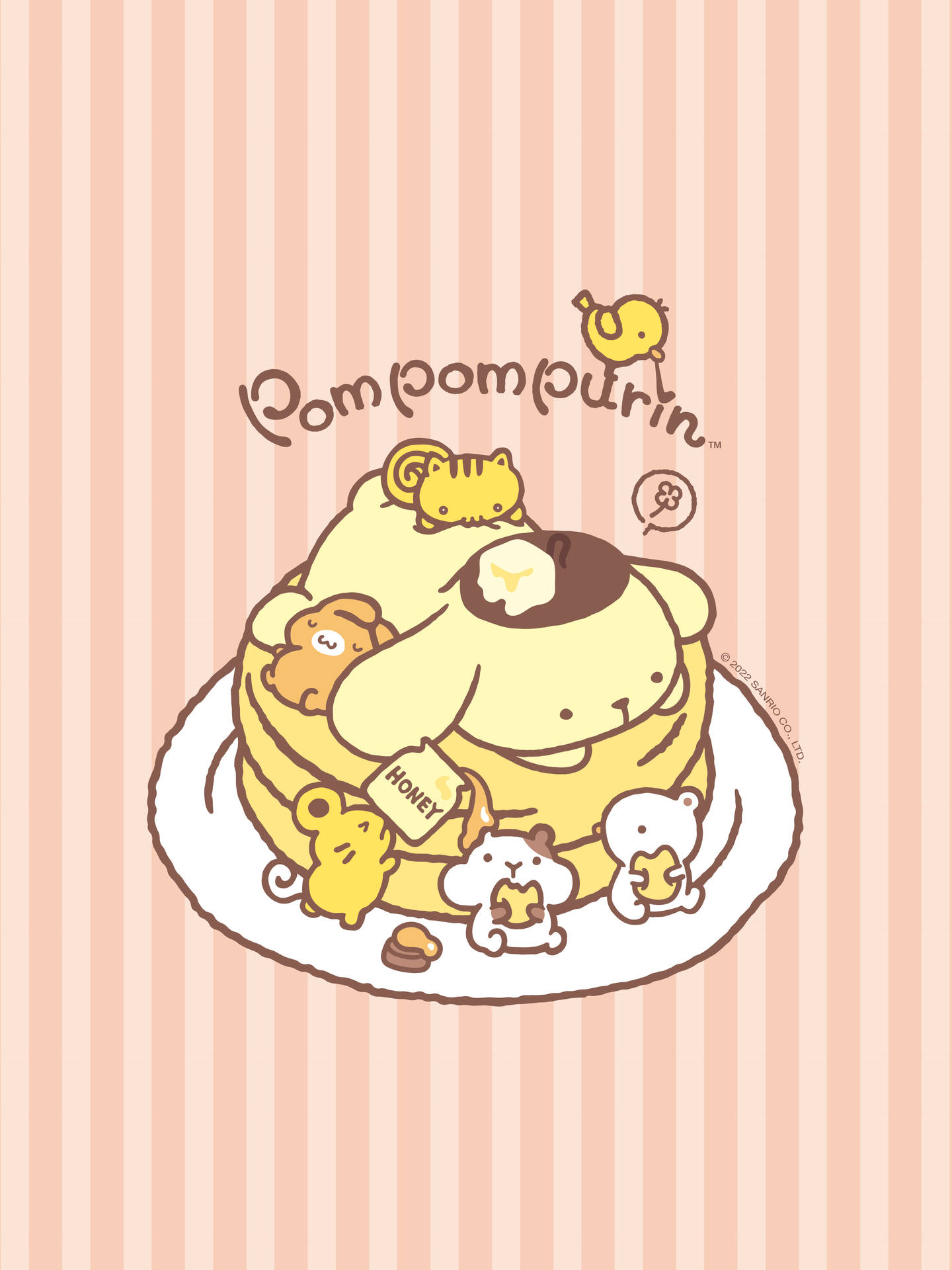 Pom Pom Purin 和朋友們在粉紅色條紋背景上吃蜂蜜煎餅。