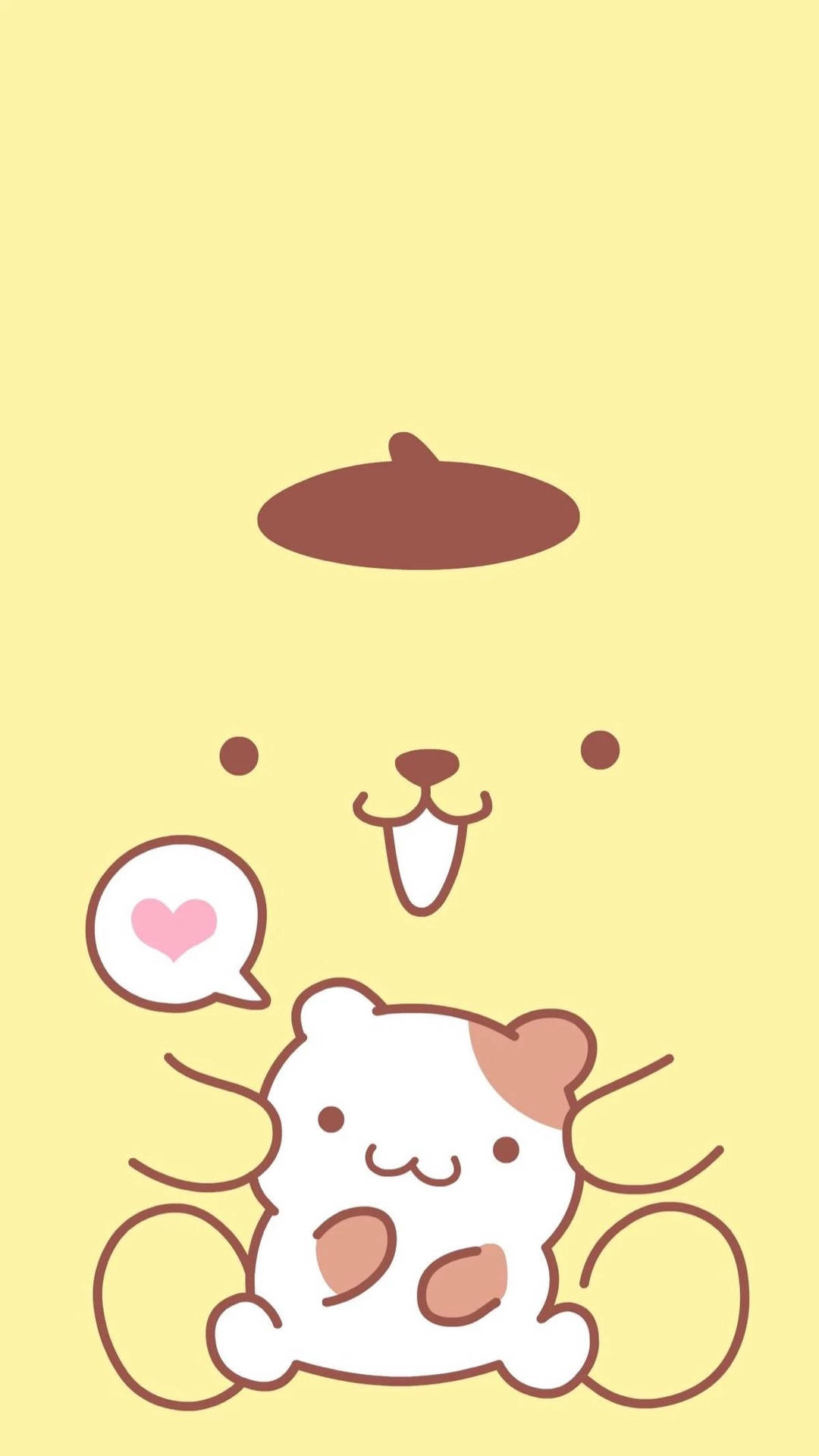 一隻卡通倉鼠，帶有粉紅色心形對話氣泡，在黃色背景上的貝雷帽下方。 — 布甸狗 GIF 壁紙