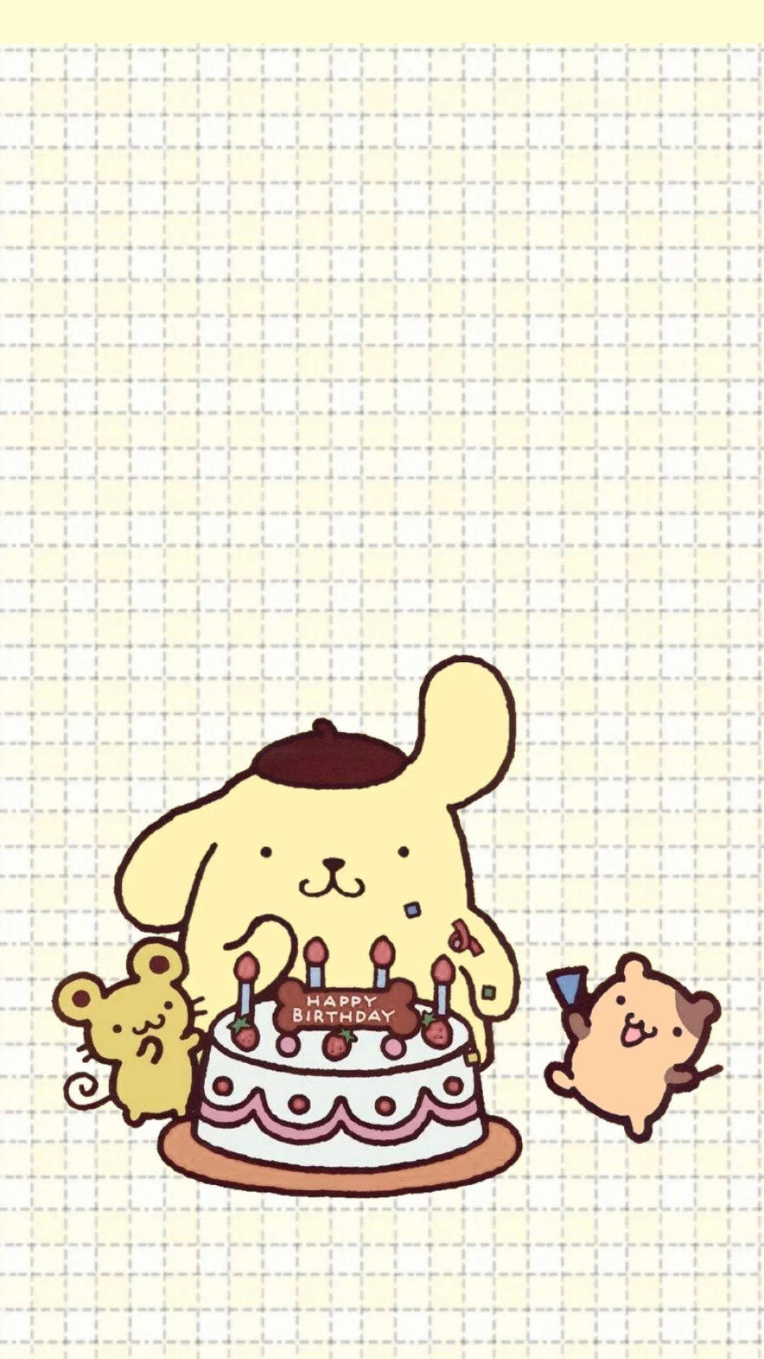 可愛小狗與朋友在方格紙上以蛋糕慶祝生日。