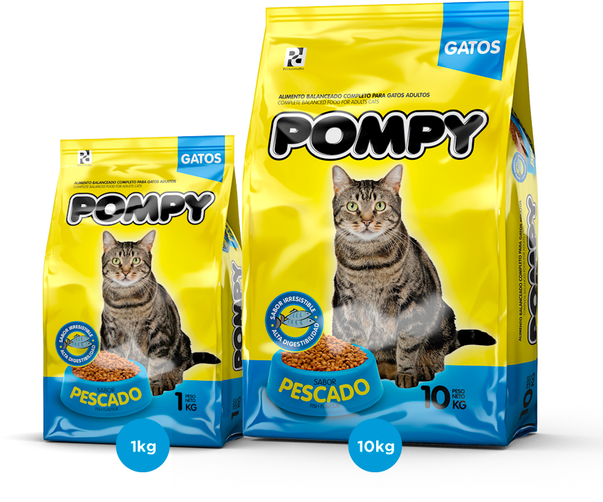 Pompy貓糧魚味包裝 壁紙 — 兩個鮮黃色嘅Pompy貓糧袋，上面有虎斑貓同魚味，背景係白色。