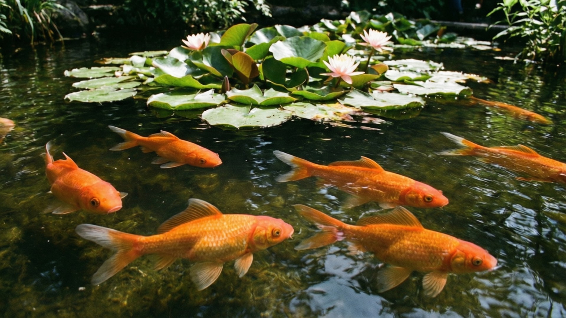 金魚在一個有睡蓮和白色花朵的池塘中游動。