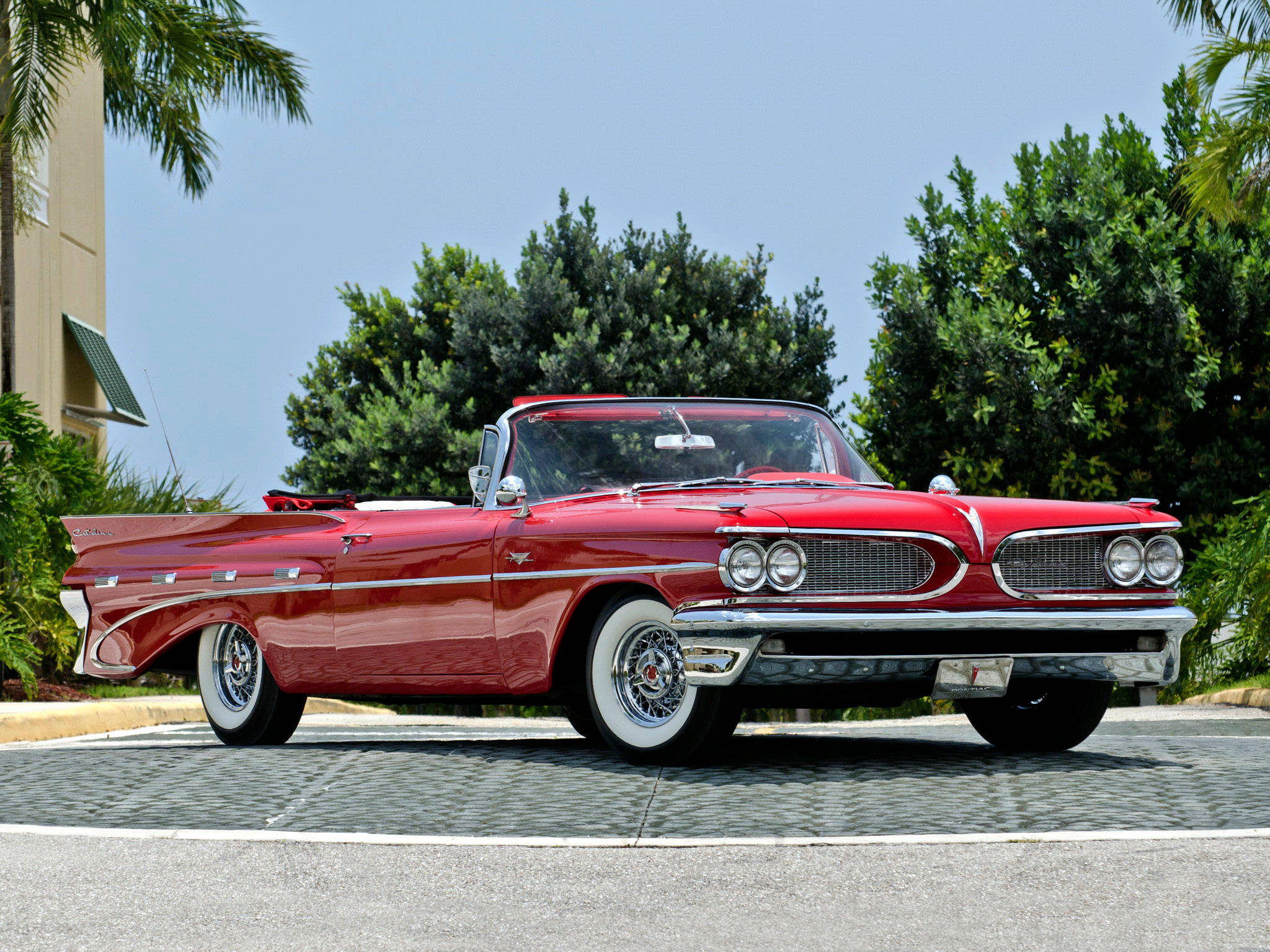 Pontiac Catalina 開篷車 壁紙 — 一架閃亮紅色1950年代開篷車，帶有鍍鉻裝飾和白色側壁輪胎，停泊在鋪砌的停車場上，背景是晴朗藍天、棕櫚樹和綠色灌木。