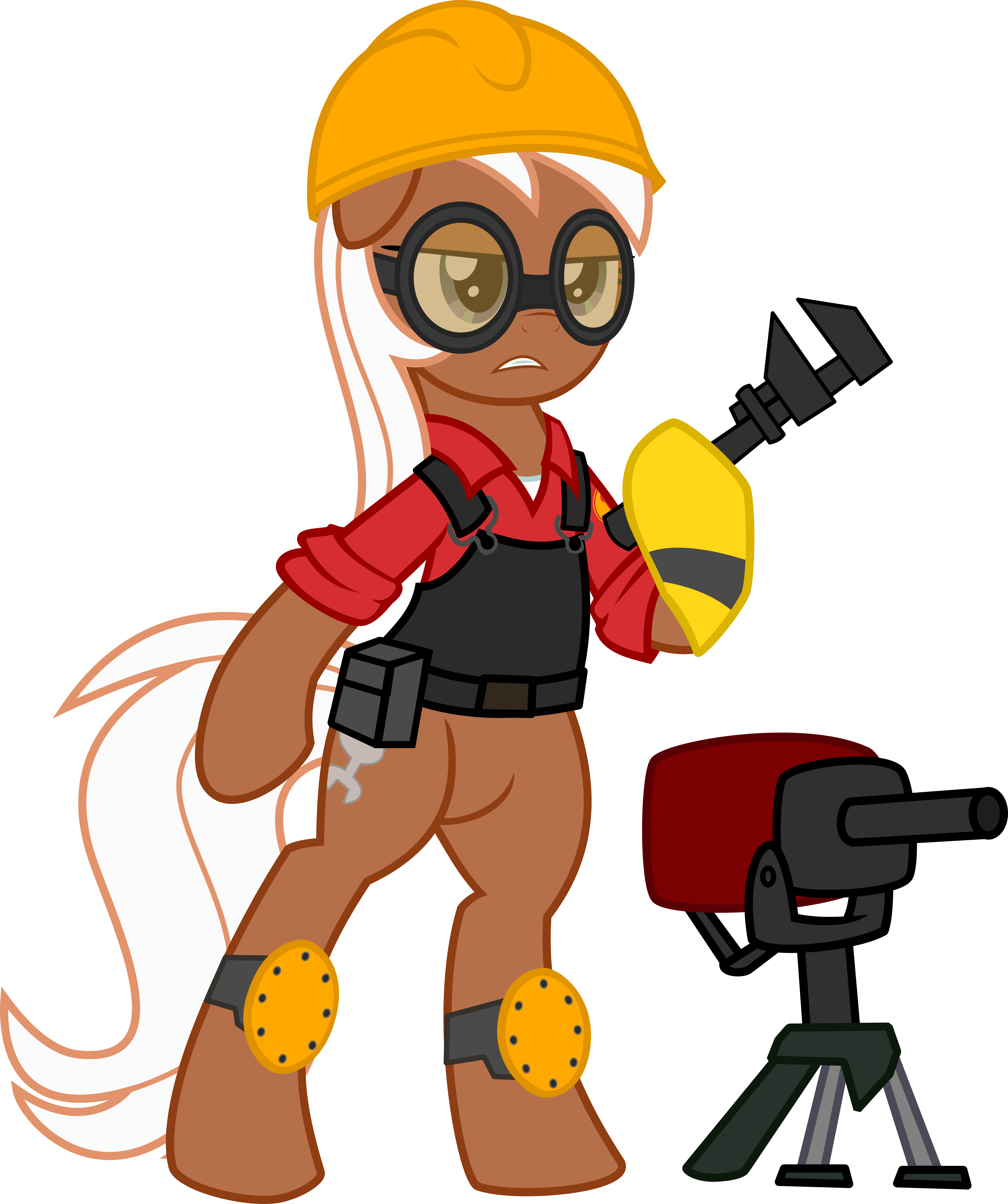 Pony_ Engineer_with_ Sentry_ T F2.PNG 壁紙 — 一隻卡通小馬戴著黃色安全帽和護目鏡，拿著扳手，站在一個紅黑相間的鑽頭旁邊。