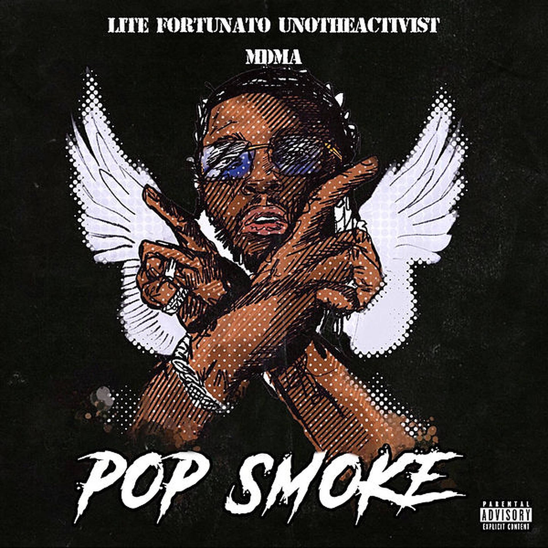 Pop Smoke插圖，帶有天使翅膀和太陽眼鏡，指向觀看者。
